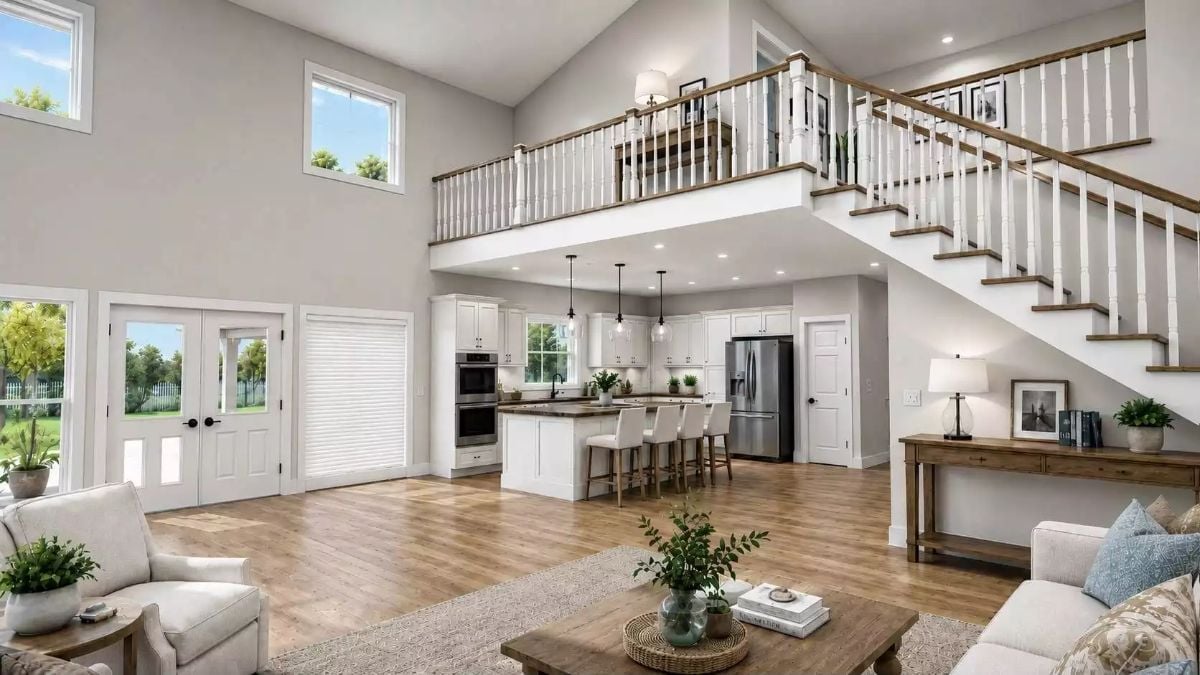 Open-Plan Living Where the Kitchen Island and the Staircase Share Equal Billing