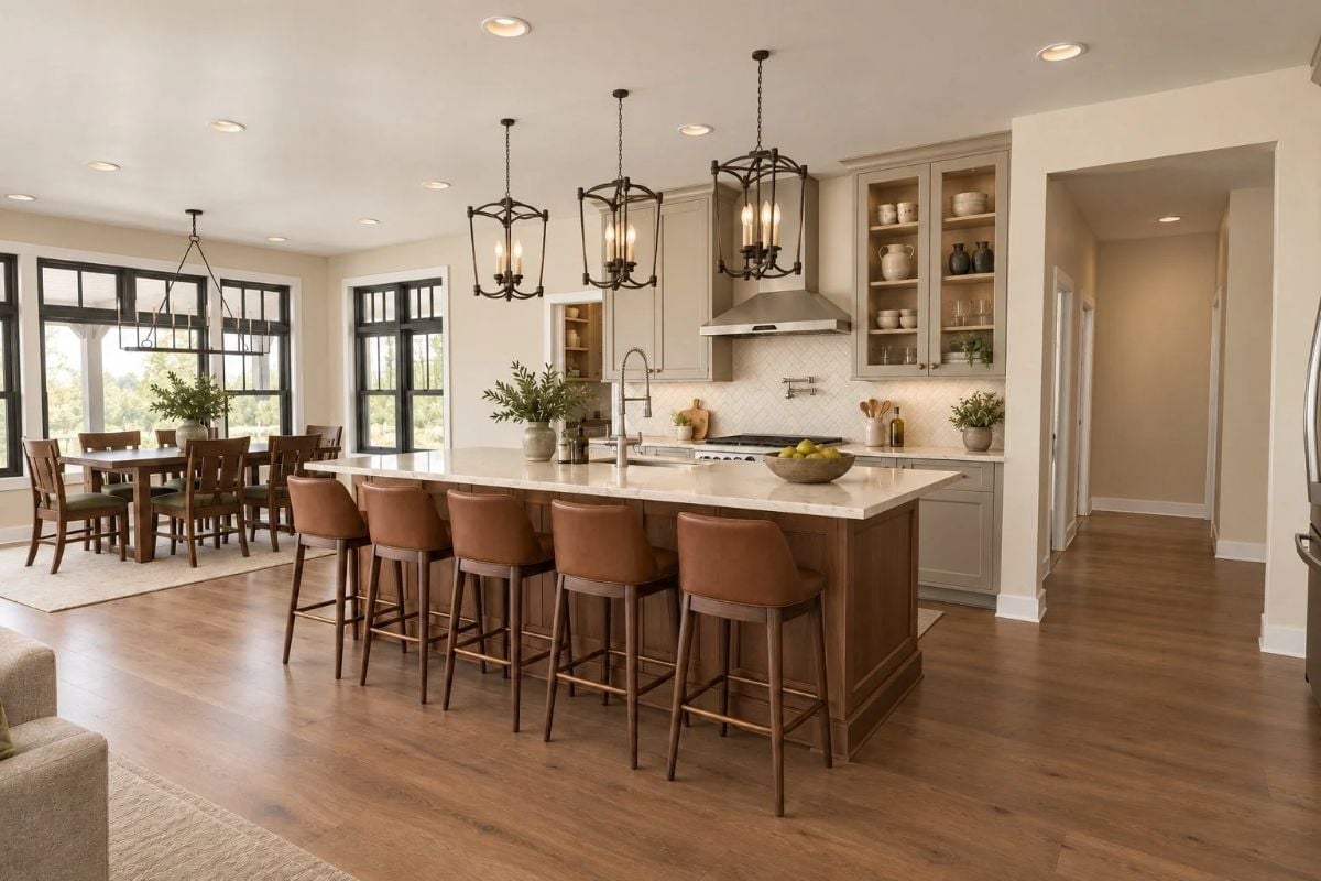 Leather Barstools and Lantern Pendants Pull the Kitchen Into the Rest of the Room