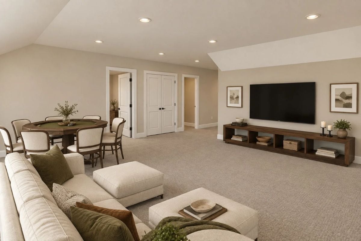 Poker Table on One Side, Sectional on the Other — Basement Done Right