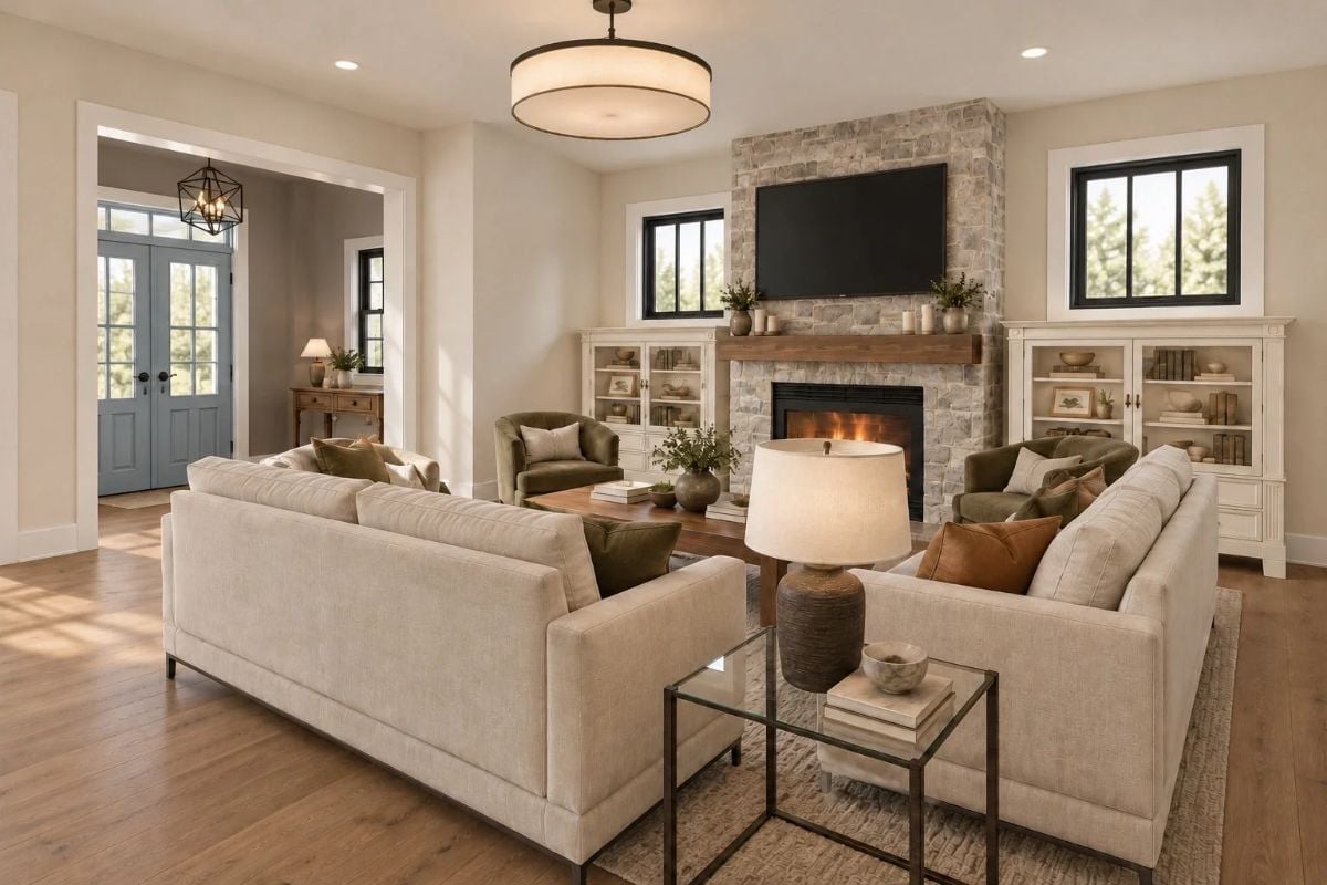 Stone Fireplace Wall With a TV Mount That Doesn't Apologize for Itself