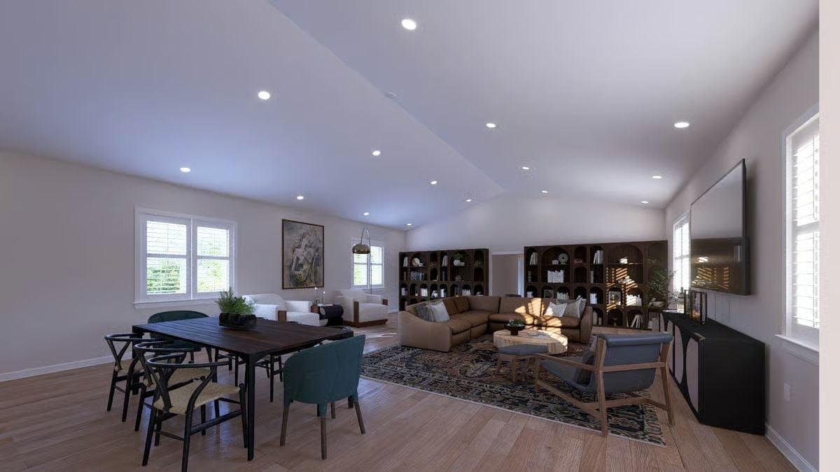 Vaulted Ceiling, Brown Sectional, and a Dining Table That Can Handle the Whole Family