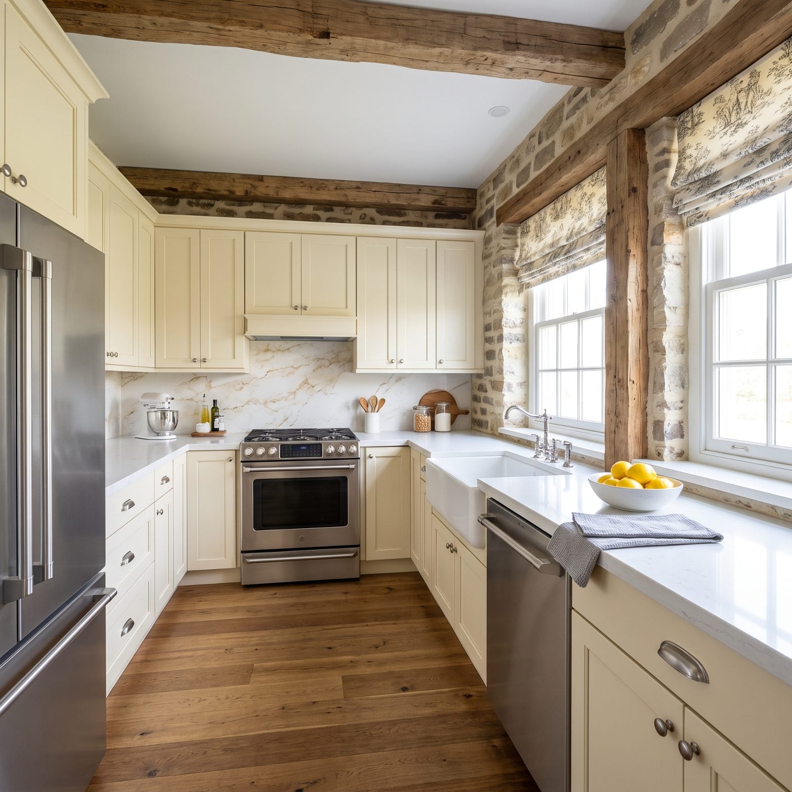 Transitional kitchen where cool bright-white quartz counters make the warm off-white cabinets look yellow.