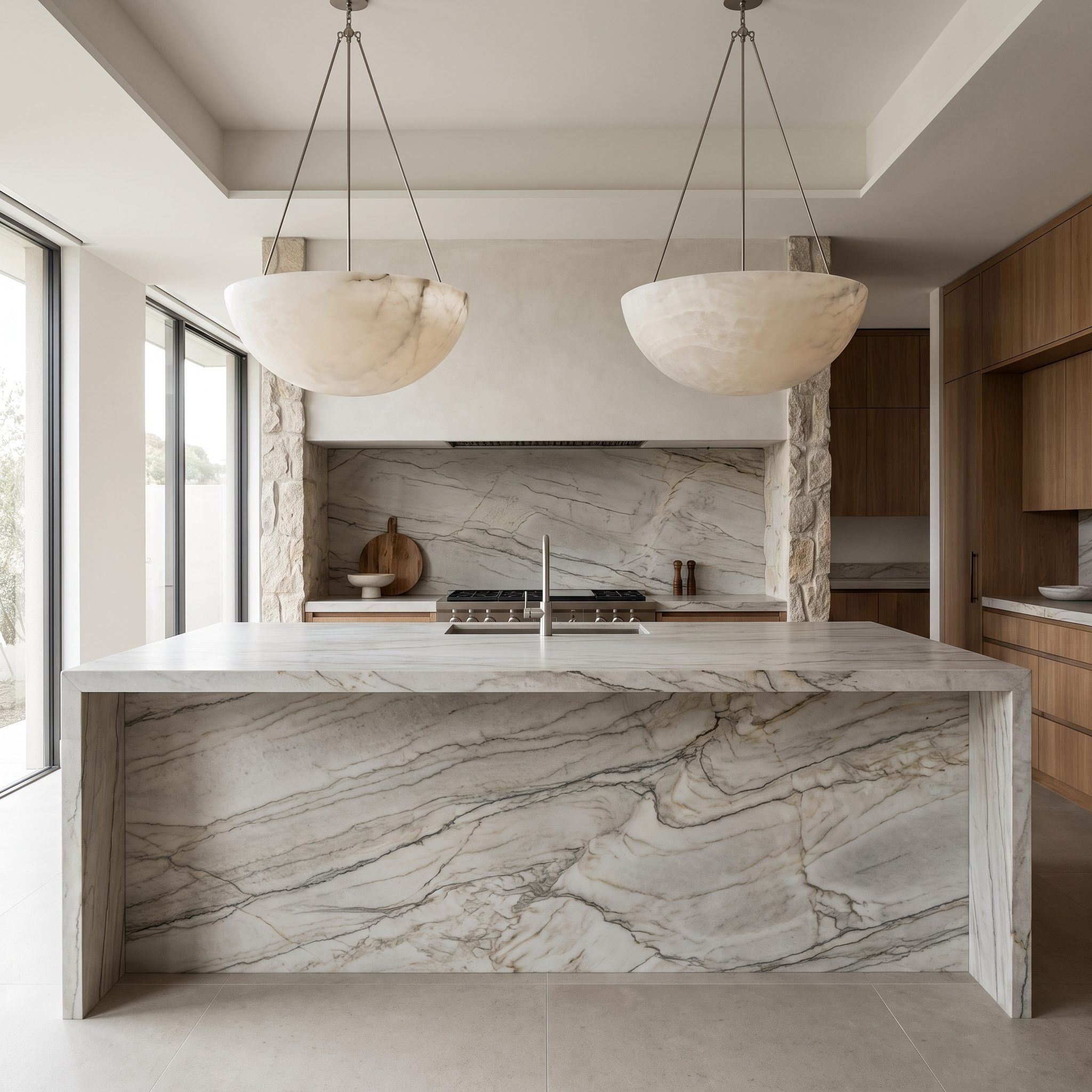 Broad Quartzite Island With Two Oversized Alabaster Bowls