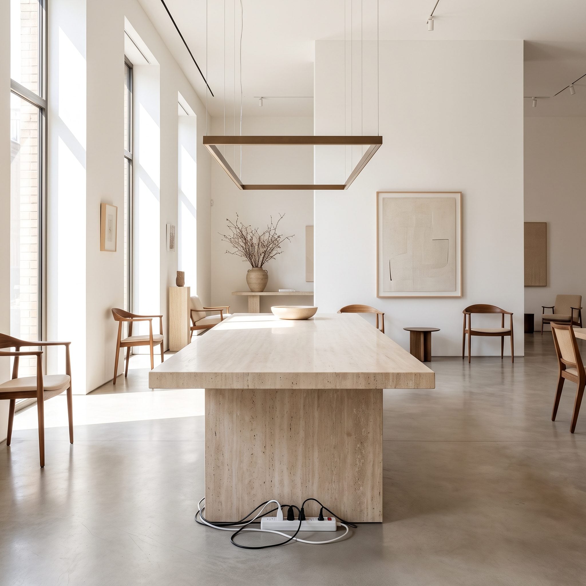Broad Travertine Island With One Rectangular Light Frame