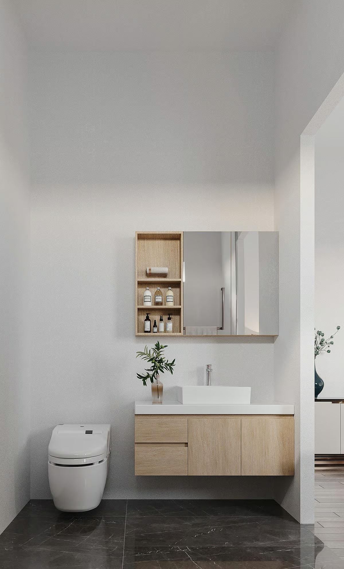 Floating Vanity, Wall-Hung Toilet, and a Mirror Cabinet That Actually Has Room for Things