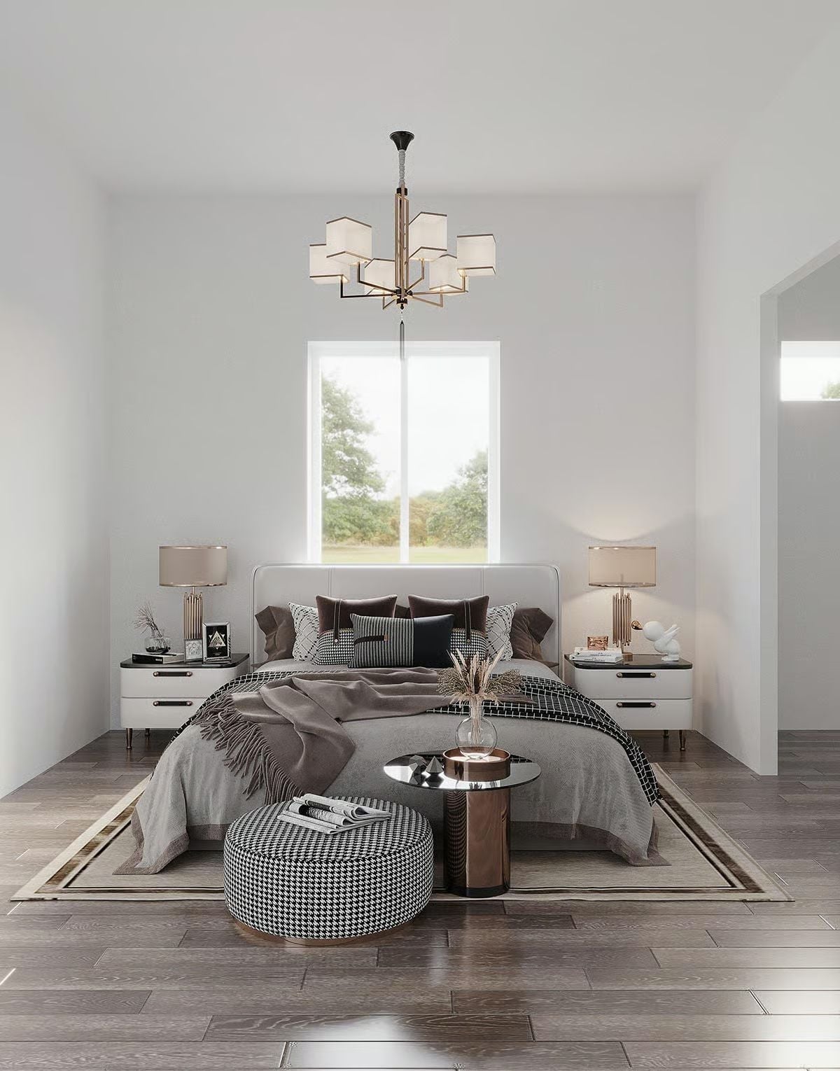 Houndstooth Ottoman, Rose Gold Side Table, and a Chandelier That Earns the Ceiling Height