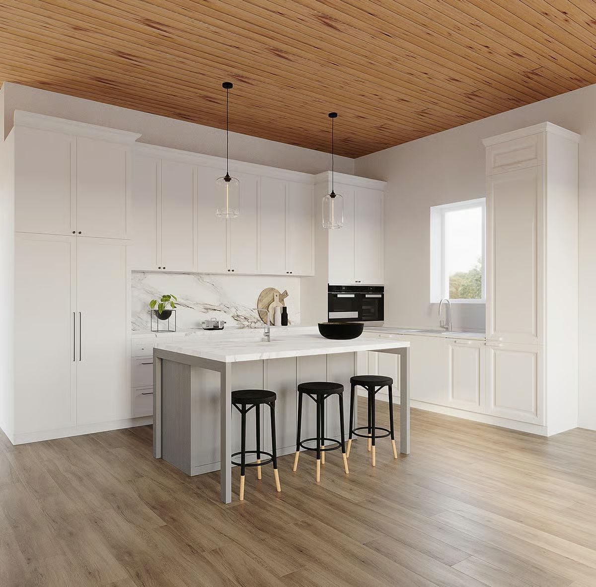 Marble Backsplash, Wood Ceiling, Black Stools That Pull It All Together