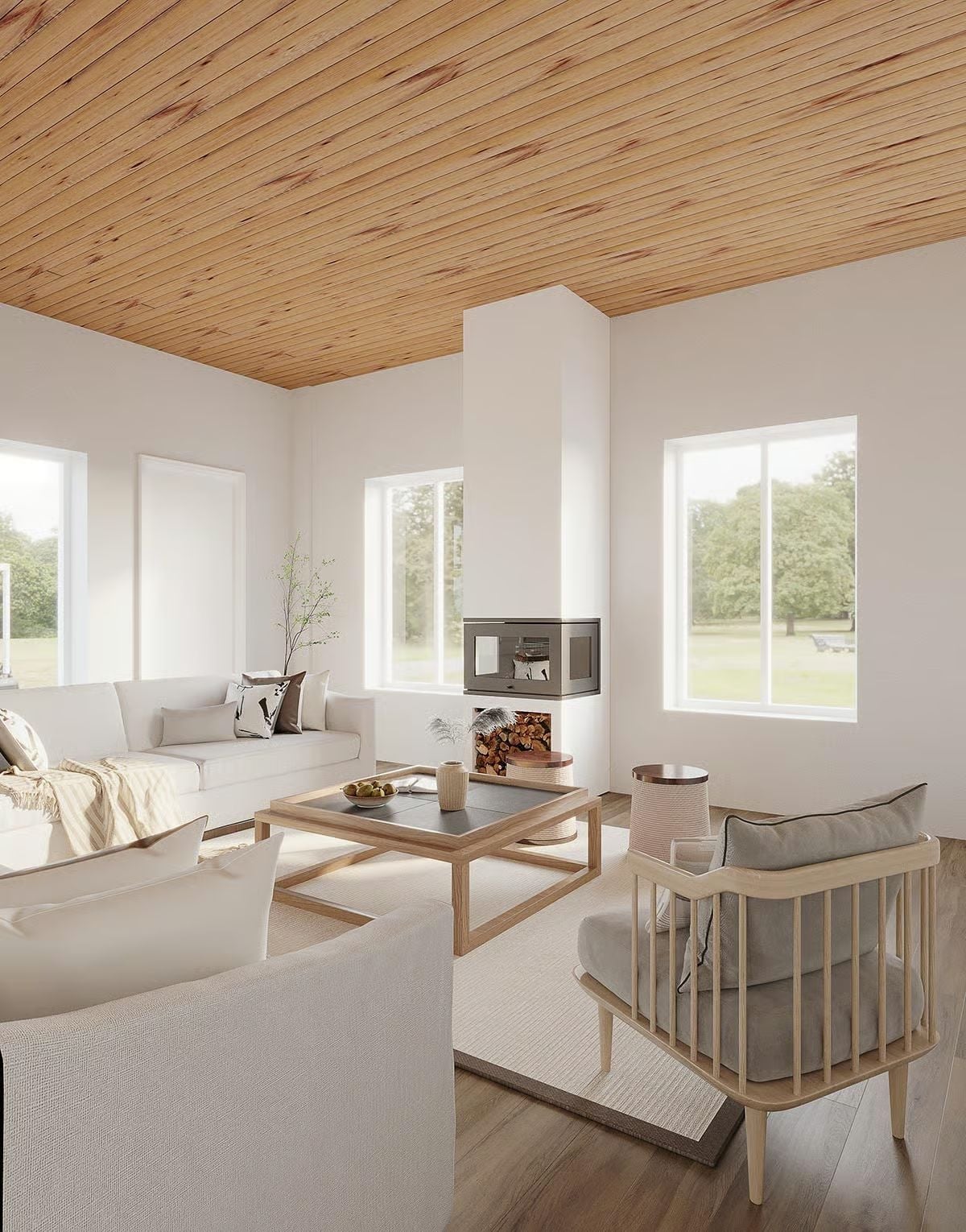 Warm Wood Ceiling, Cold-Weather Fireplace, and a Room That Earns Its Calm
