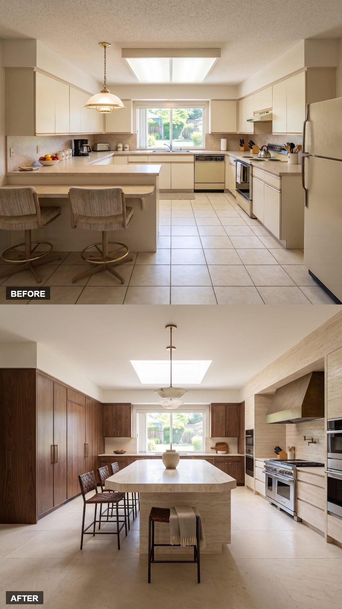 Bronze kitchen millwork with a sculptural cream travertine island