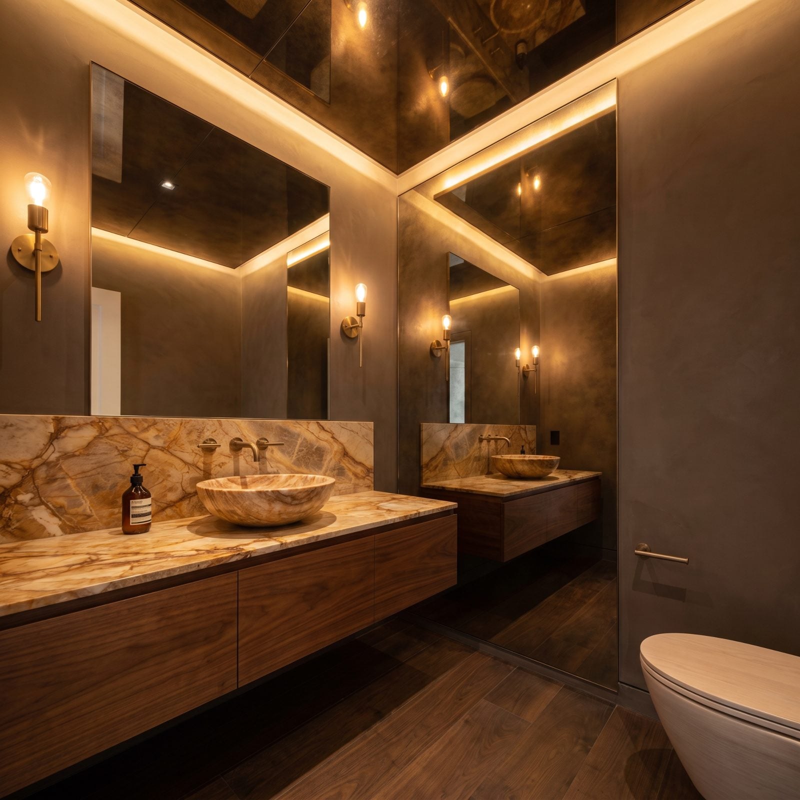 A Bronze-Mirror Ceiling Over Marble and Walnut