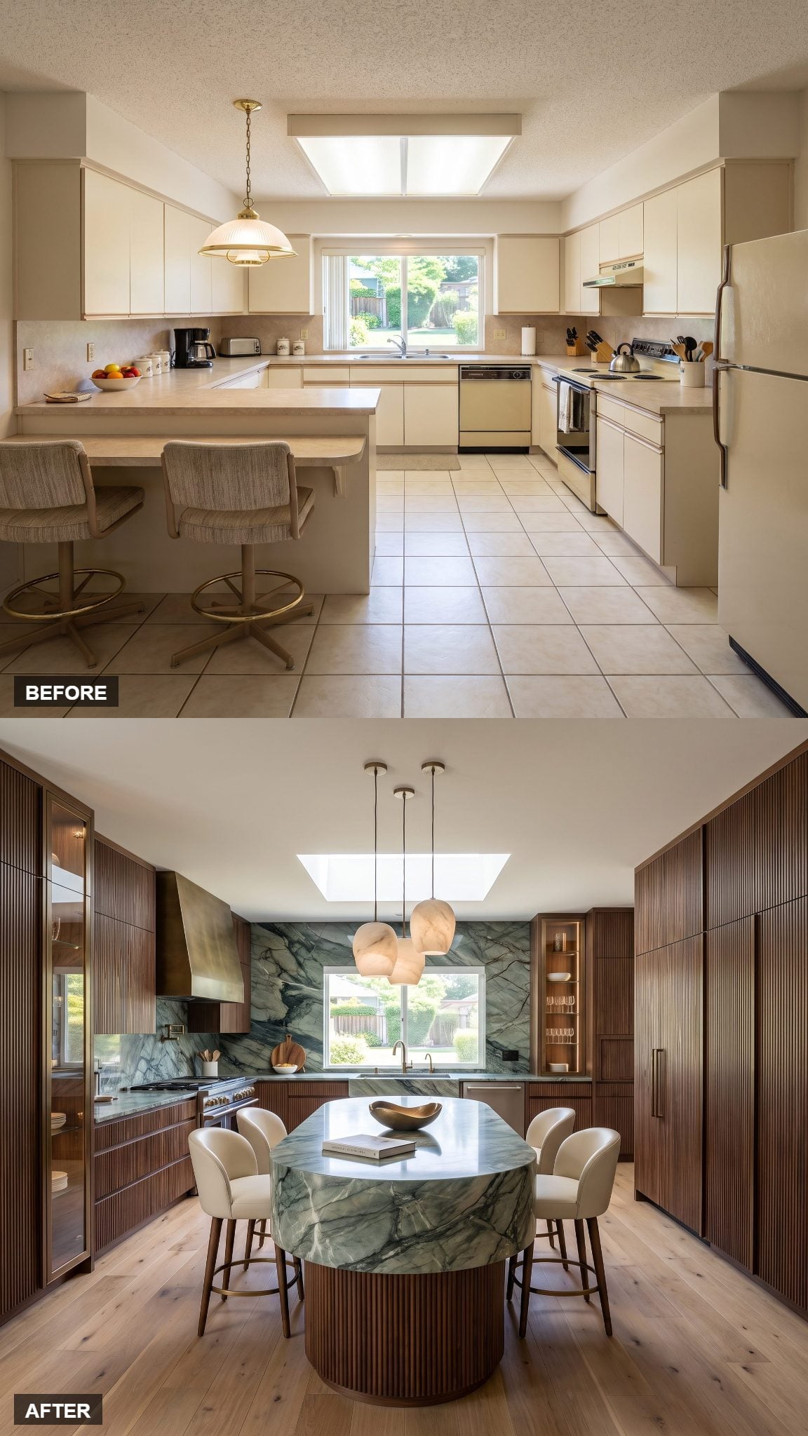 Ribbed walnut kitchen with bronze detailing and a Calacatta Green island