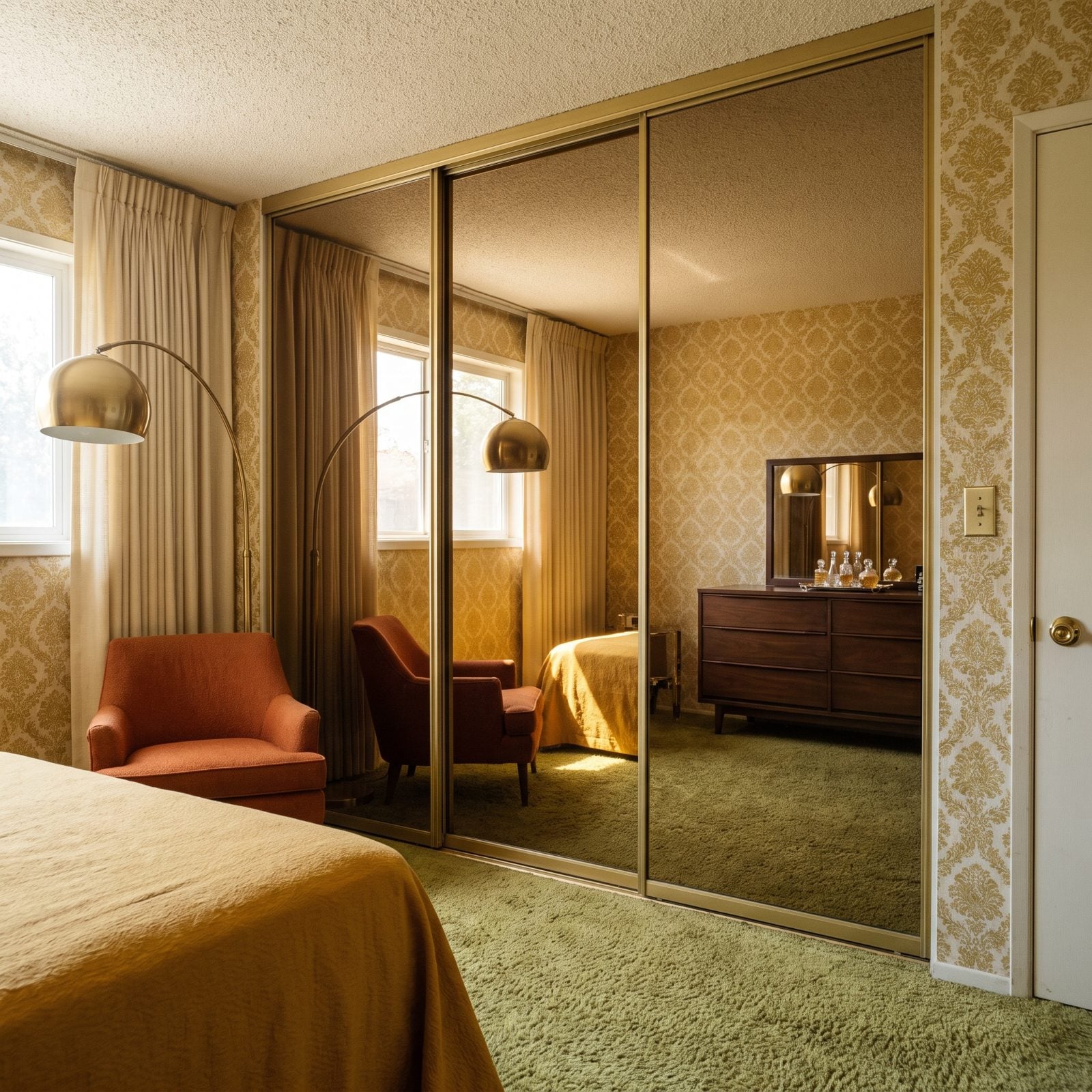 Bronze-Tinted Mirrored Closet Doors Running Floor to Ceiling