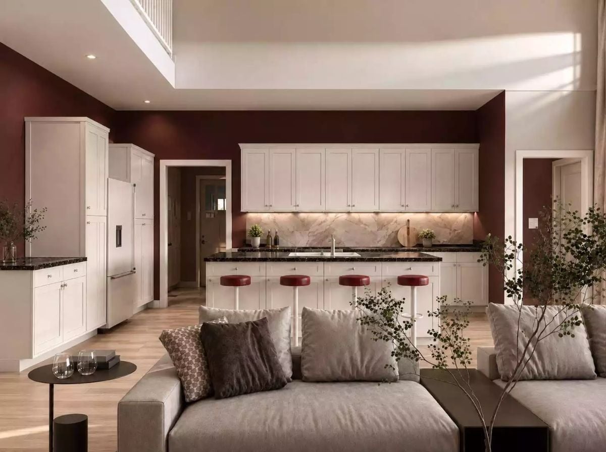 Burgundy and White With a Dark Granite Countertop That Earns Its Keep