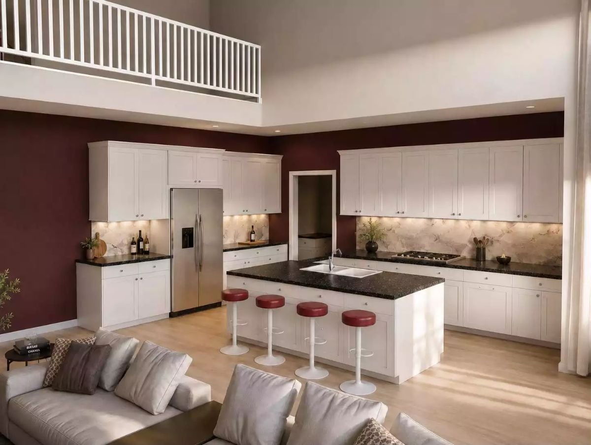 Four Stools, Dark Granite, and Walls That Commit to a Color