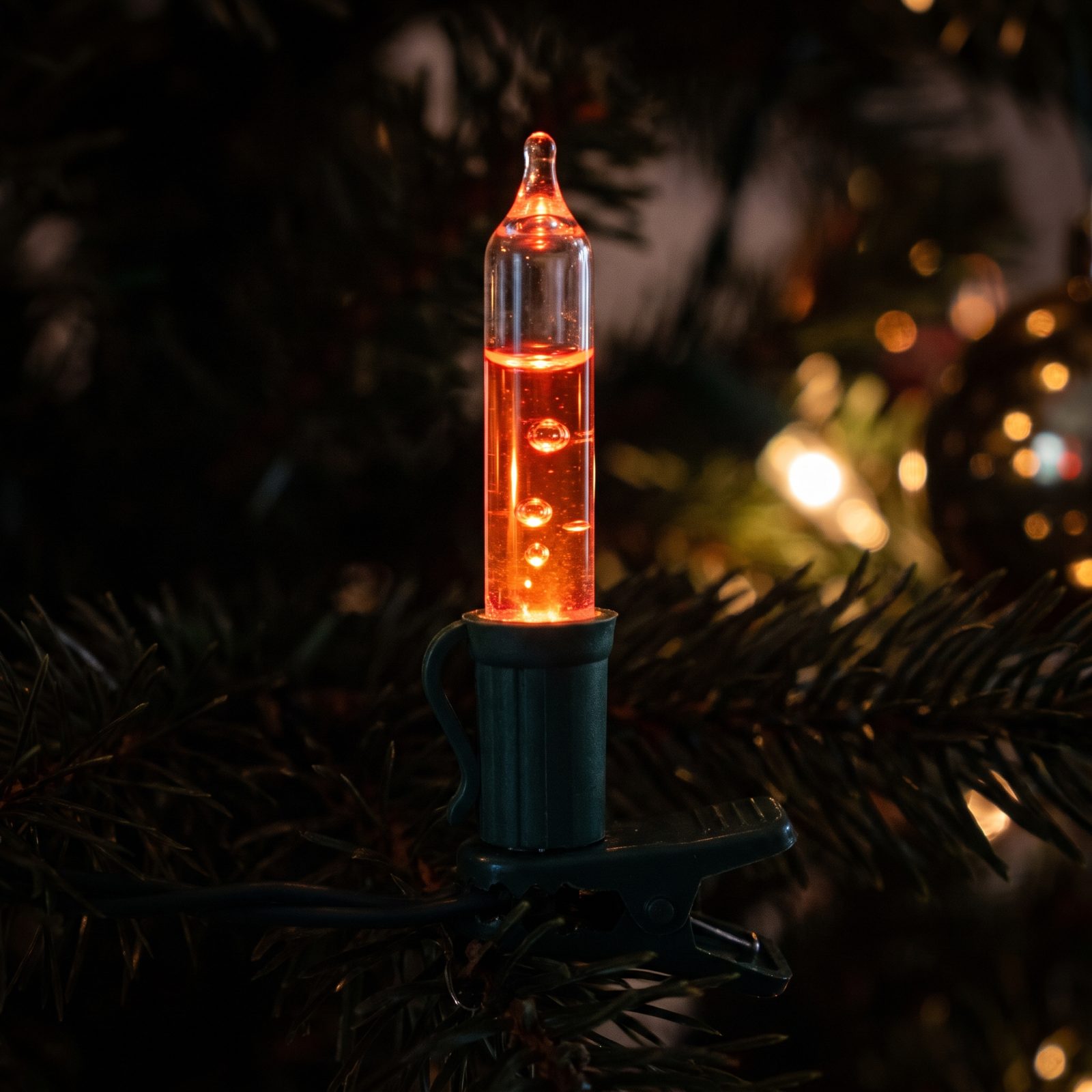 A Bubble-Light Strand Warming Up on the Tree