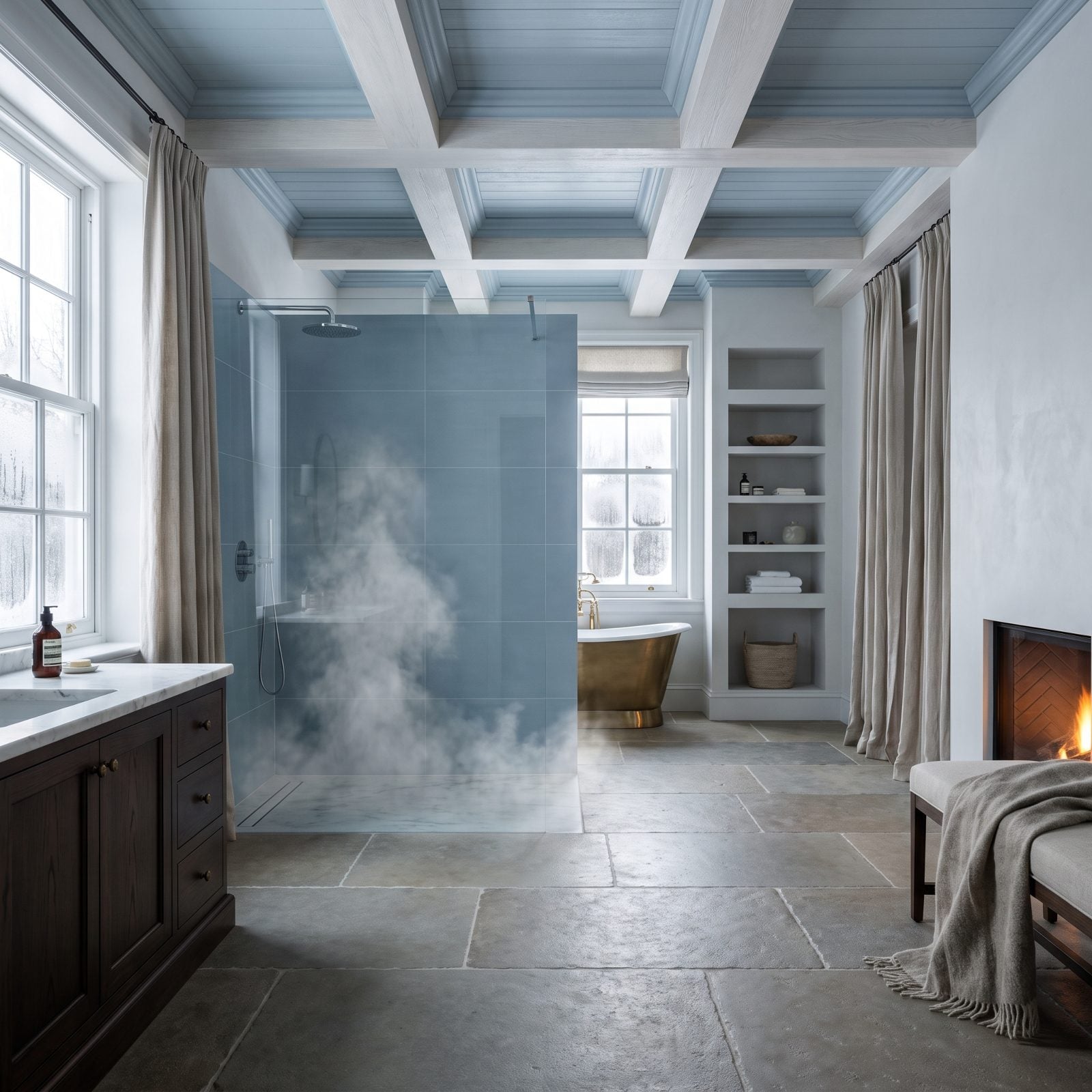 Spa bathroom with a doorless walk-in shower where water spots reach the floor tile and vanity beyond the glass panel.