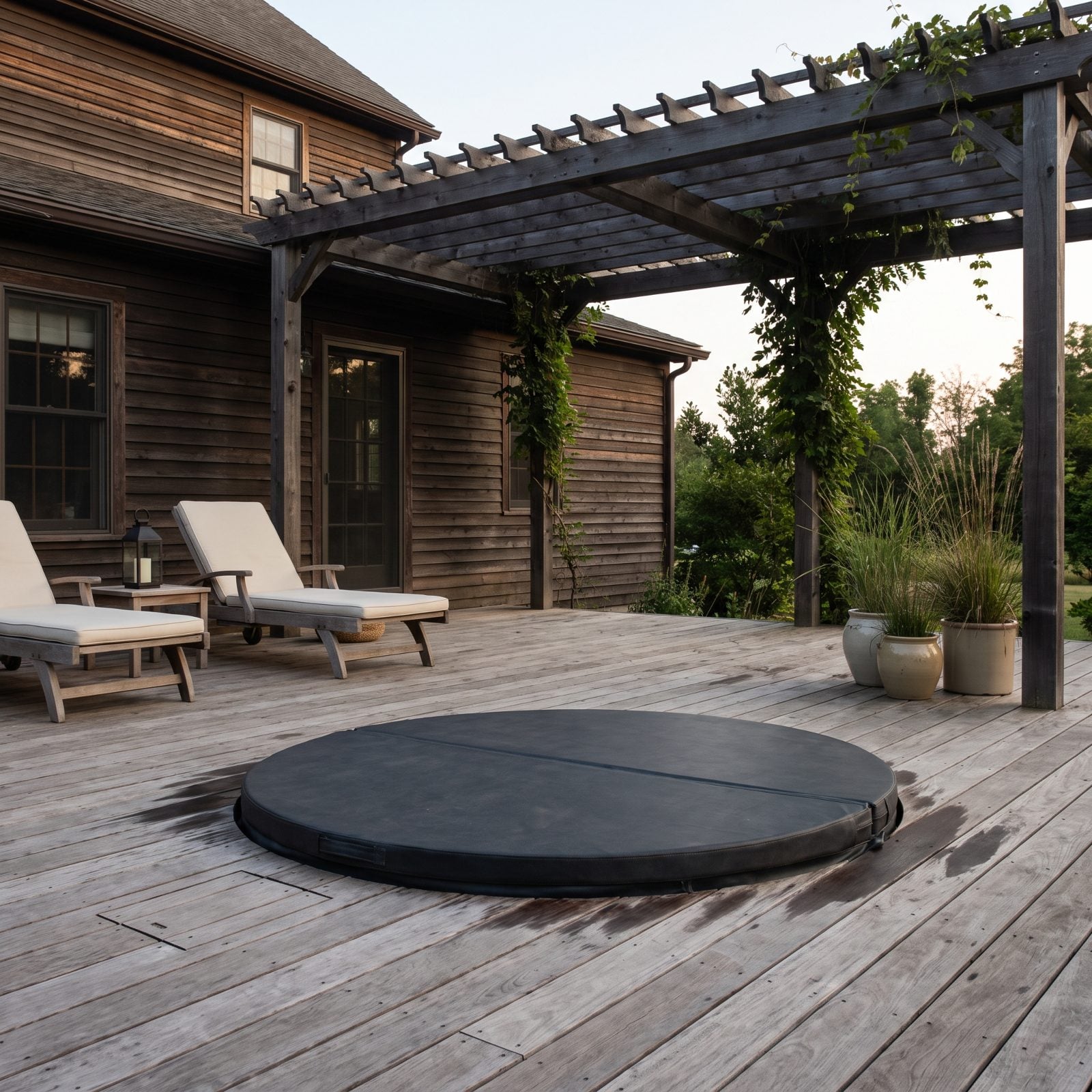 Cedar deck with a hot tub built flush into the decking, showing faint water staining and slight warping on the boards around
