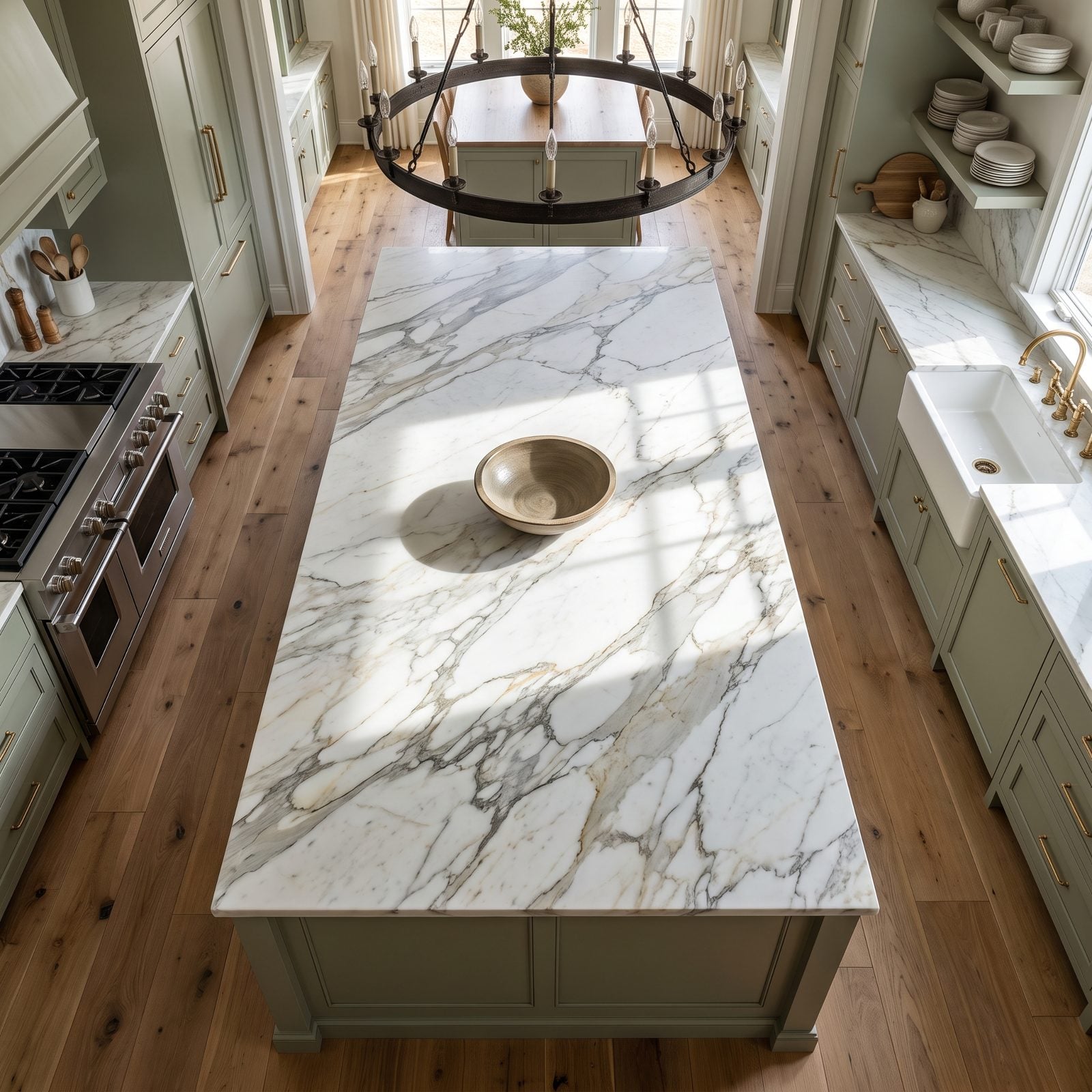 Sage green kitchen with an oversized island about five feet deep and items stranded in its unreachable center.