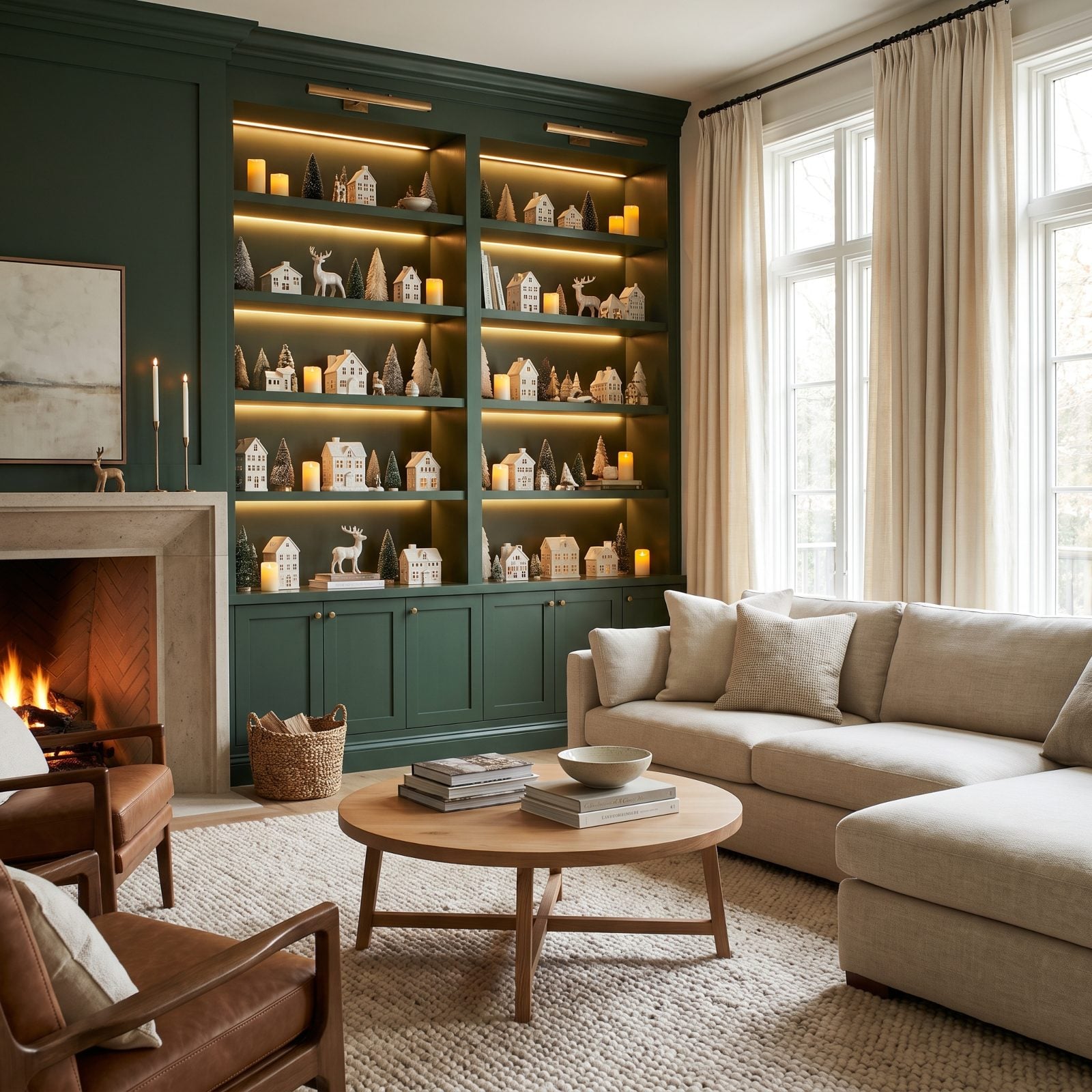 A Built-In Bookcase Styled as the Whole Christmas Display