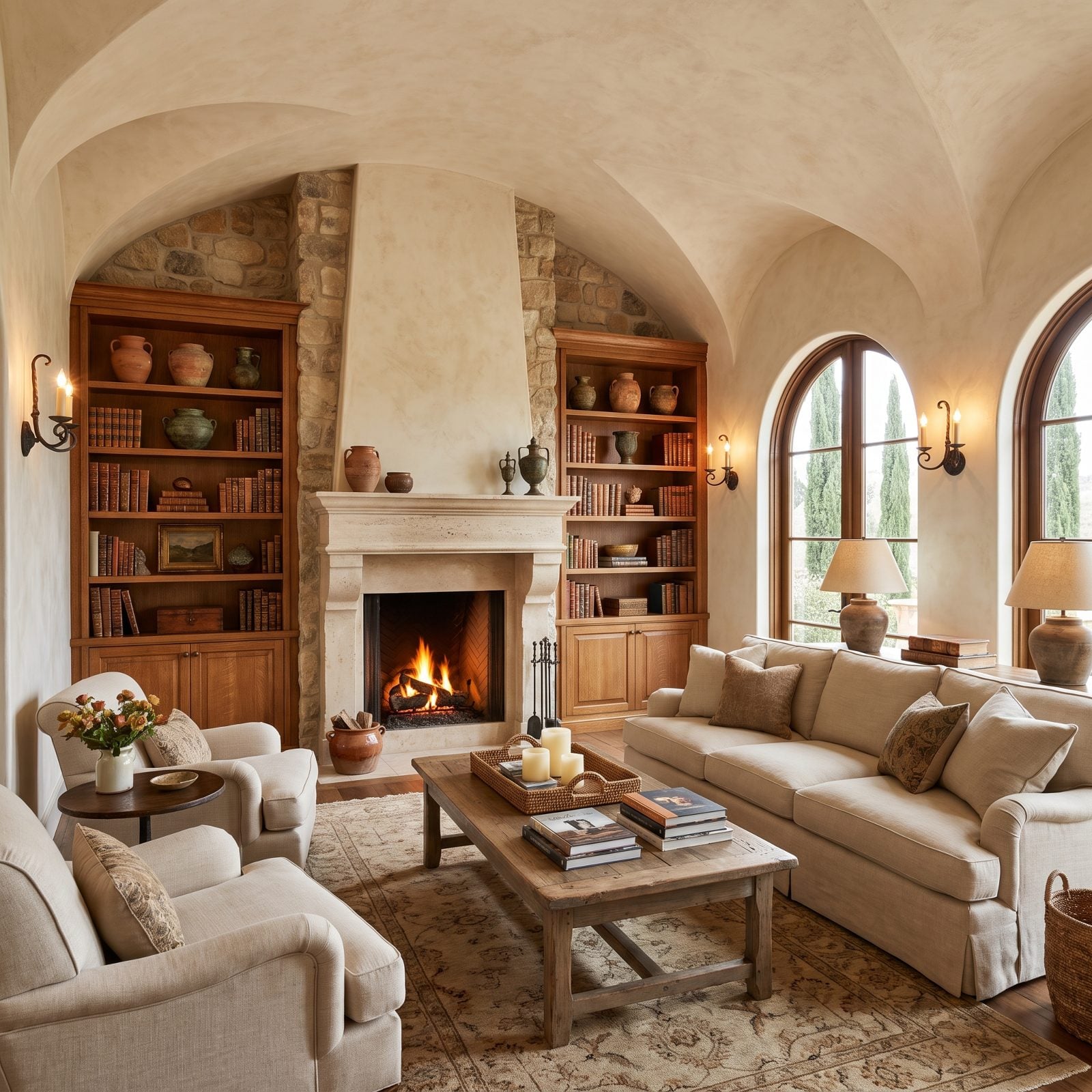Built-In Living-Room Bookcases Flanking the Hearth