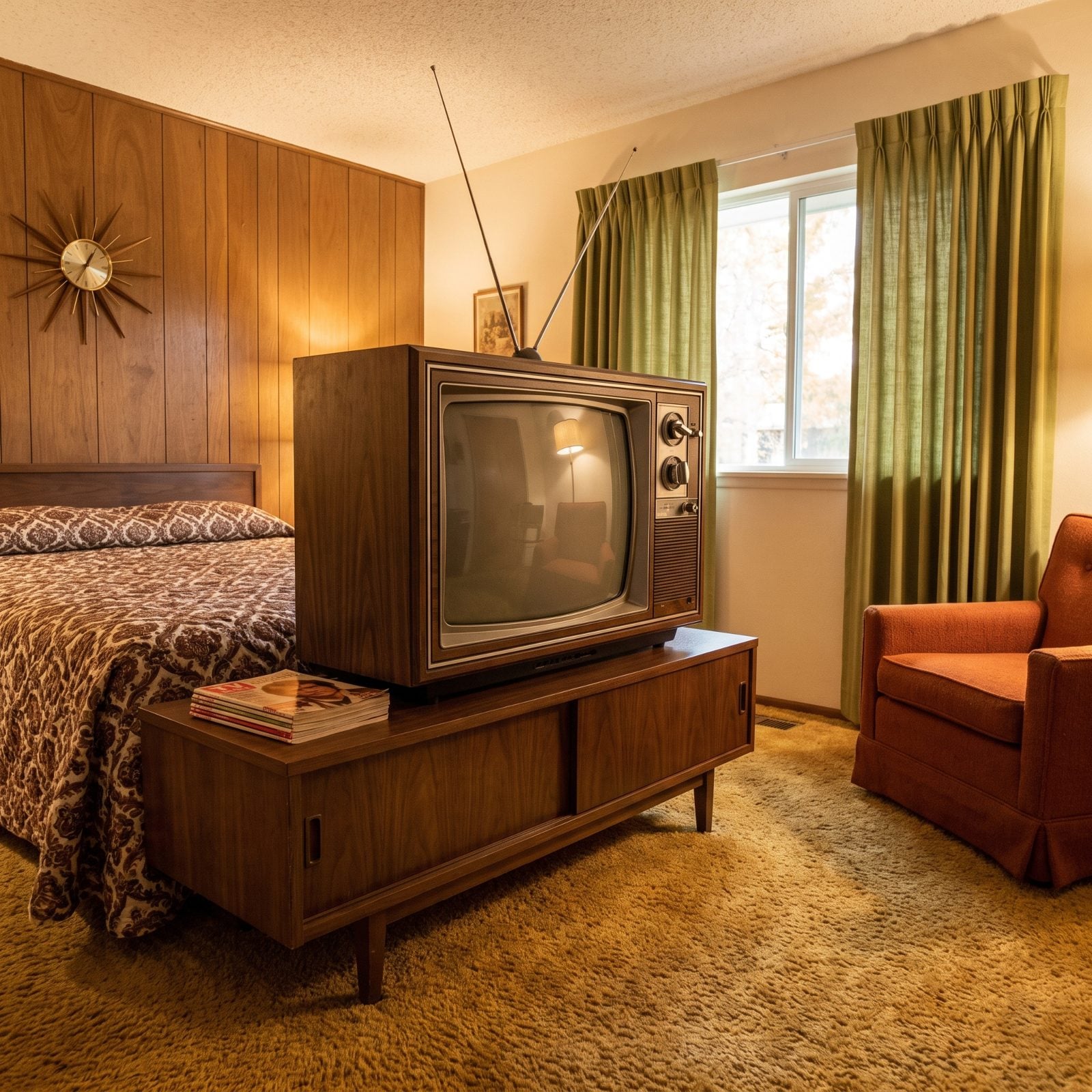 The Bulky Wood-Grain Television Parked at the Foot of the Bed