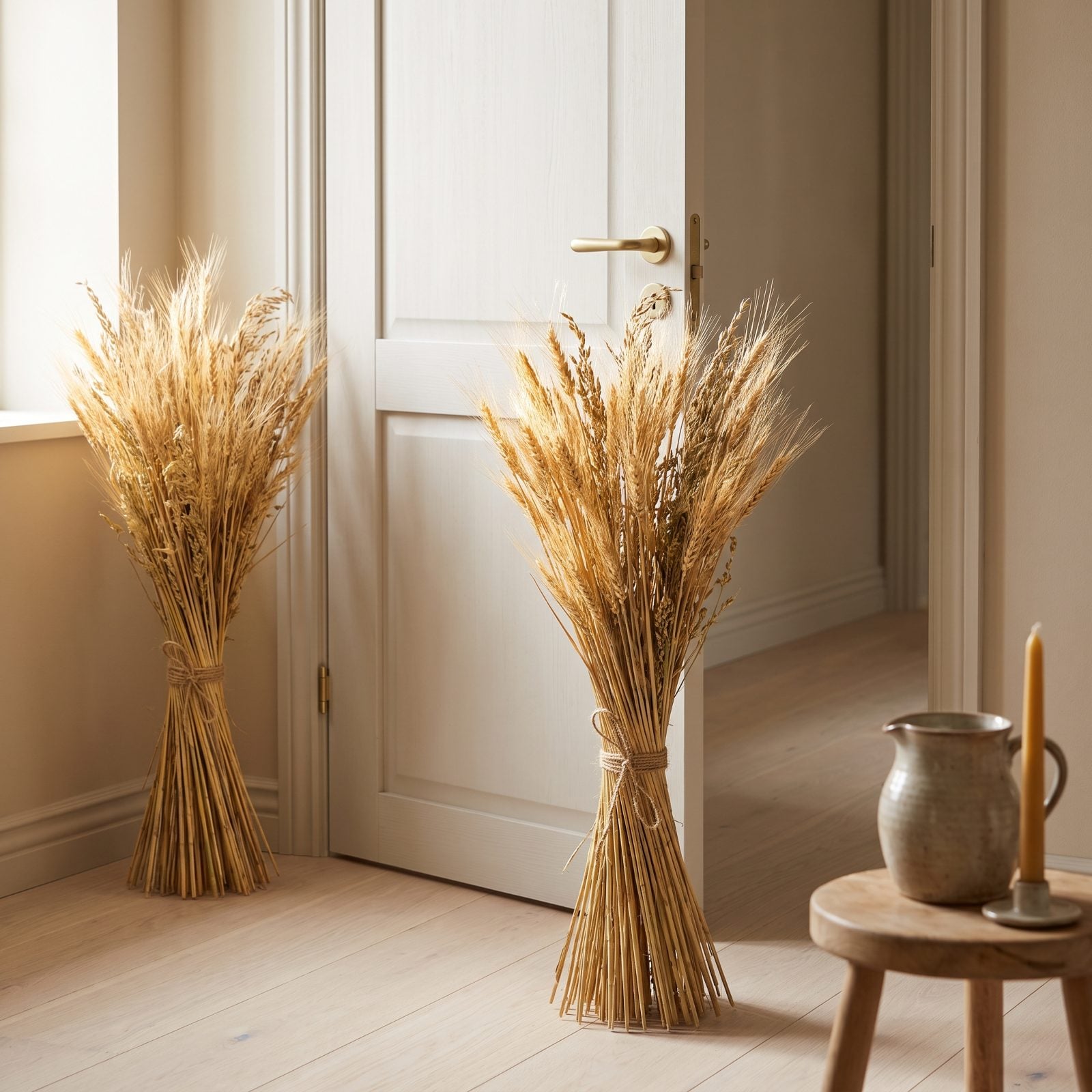 Bundles of Wheat and Dried Grasses at Both Sides