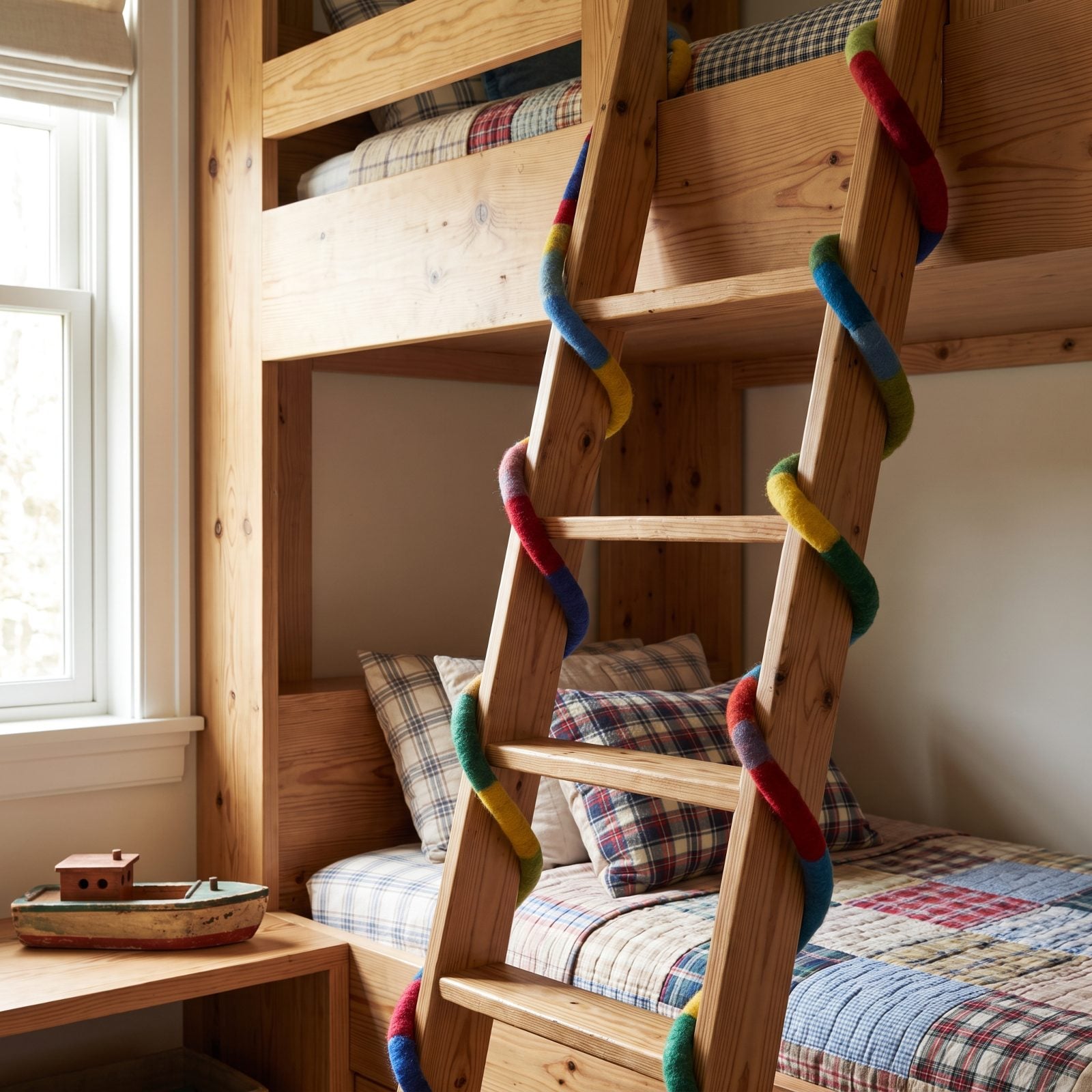 A Bunk Room Ladder Wrapped in Felt Garland