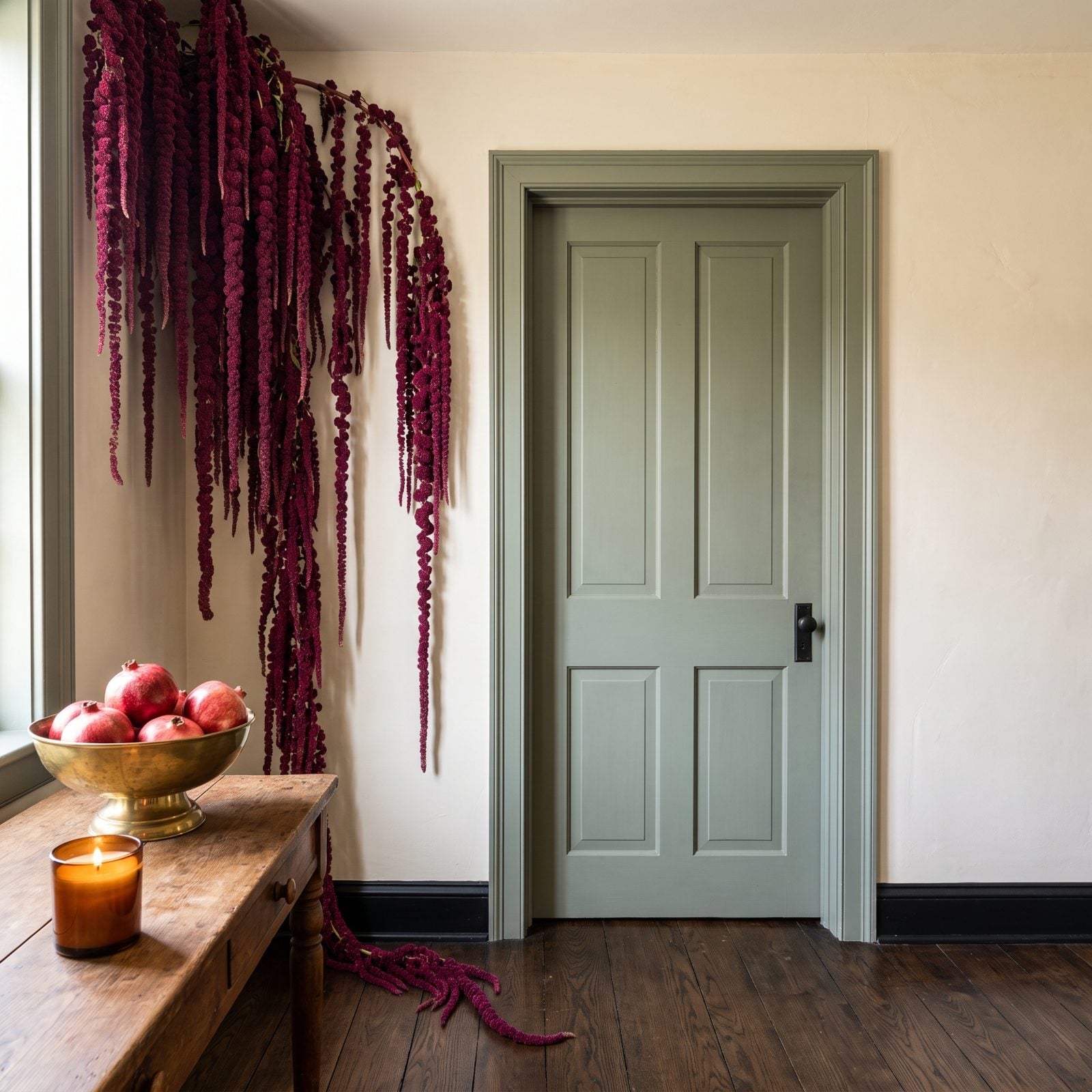 Burgundy Amaranthus Draped From One Upper Corner
