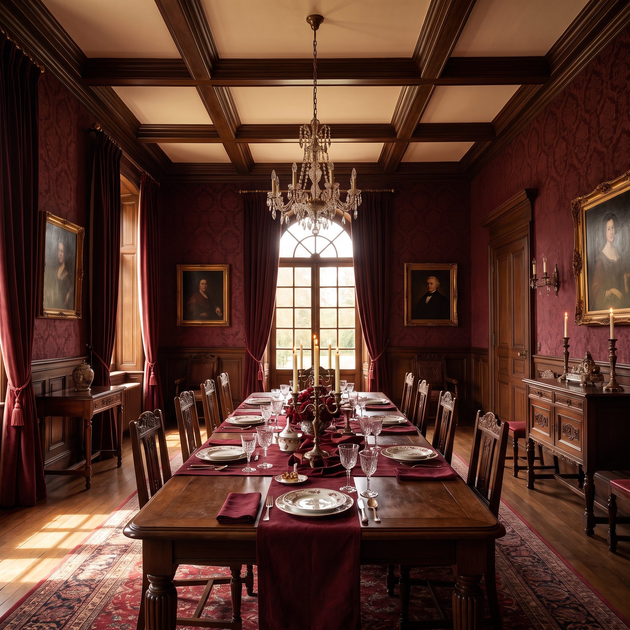 Burgundy Dining Room, Deep Red Continues Across Walls, Trim, and Ceiling