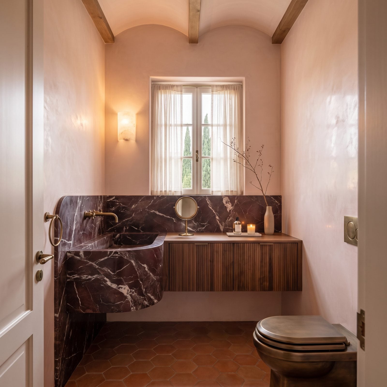 Burgundy Marble Softened by Pink Plaster and Walnut