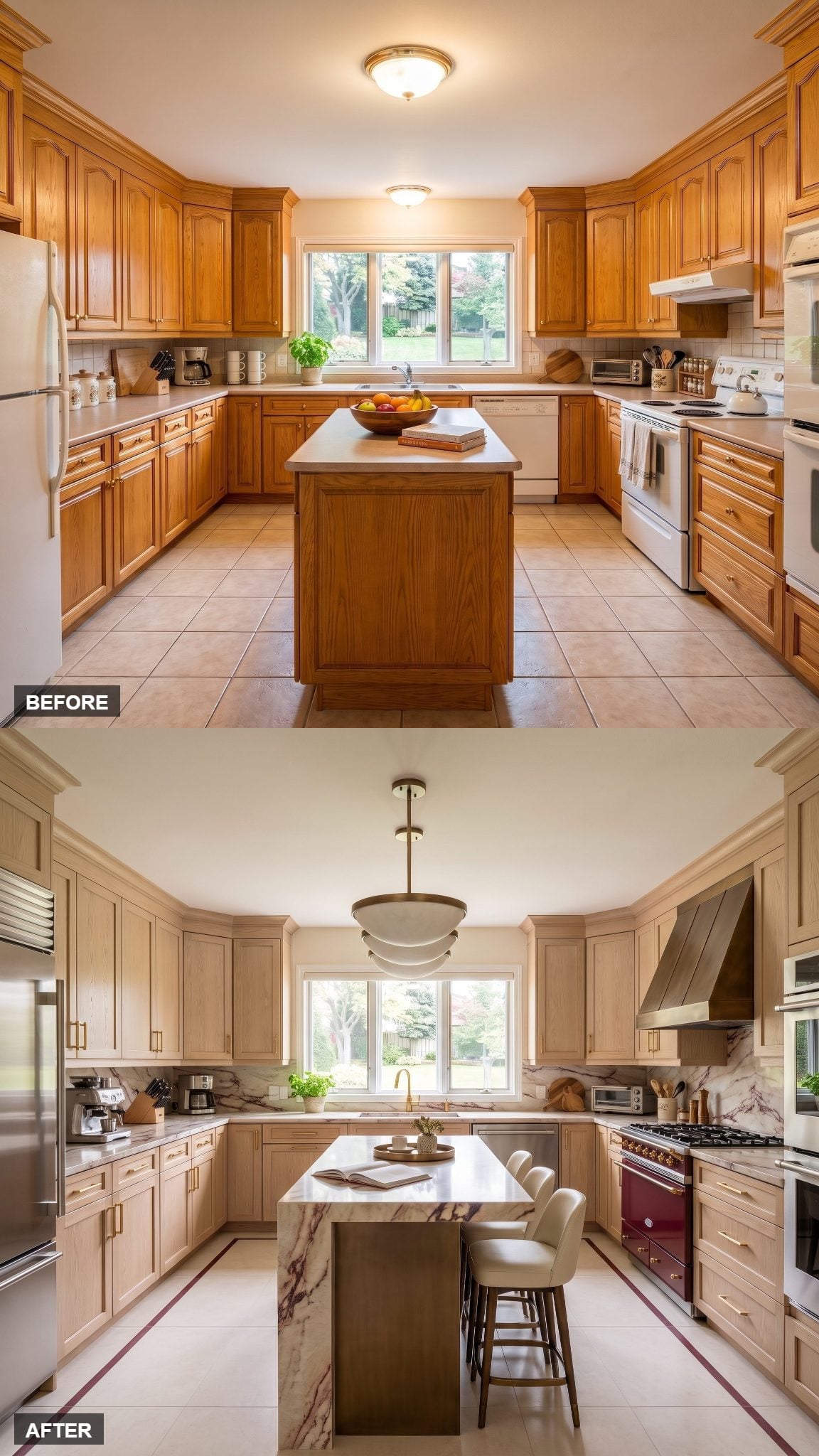 Pale wheat oak kitchen with burgundy quartzite cooking wall and sculptural folded-bronze range hood
