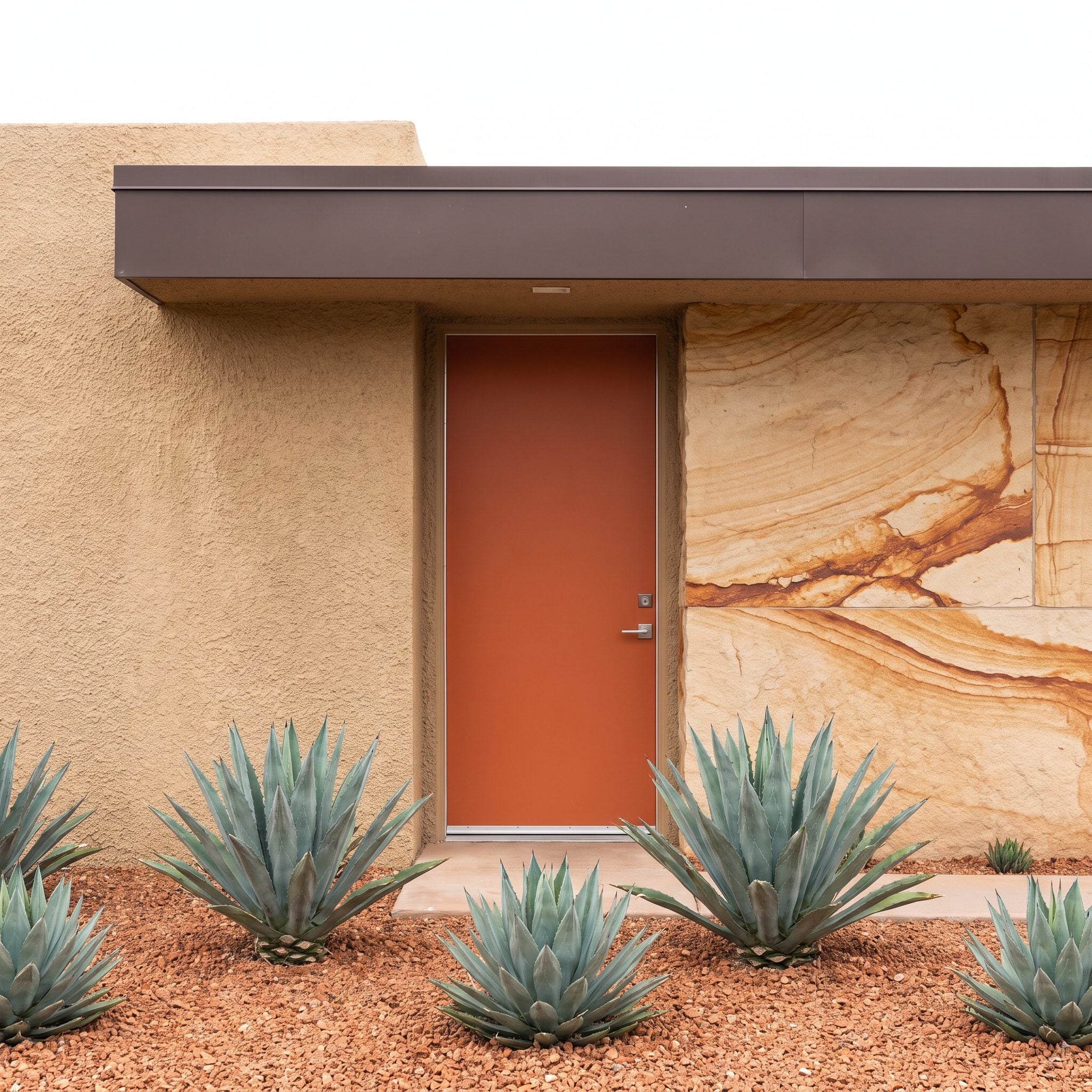 Burnt-orange front door beside layered desert sandstone and blue-green agave planting