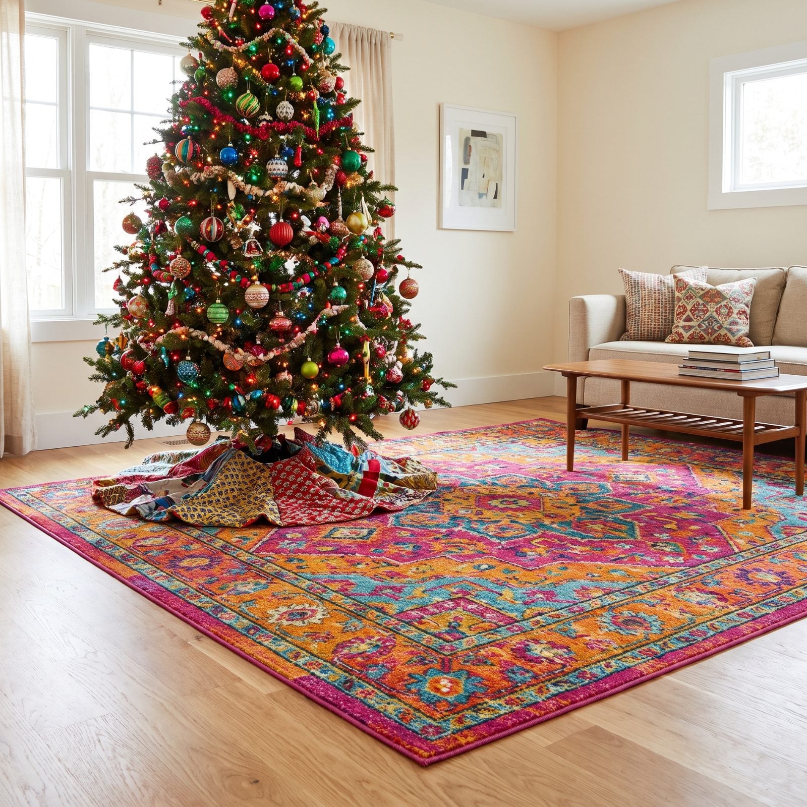 The Busy Area Rug Under an Already Colorful Tree