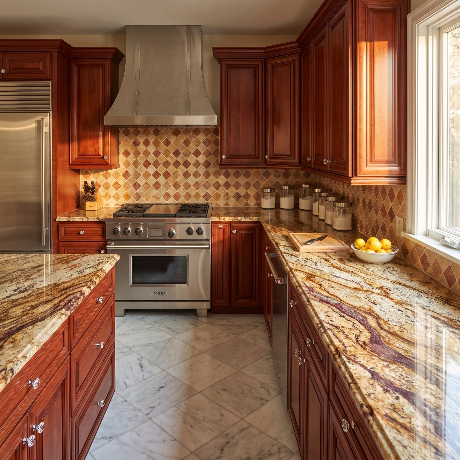 Busy Granite Going to War with a Patterned Backsplash