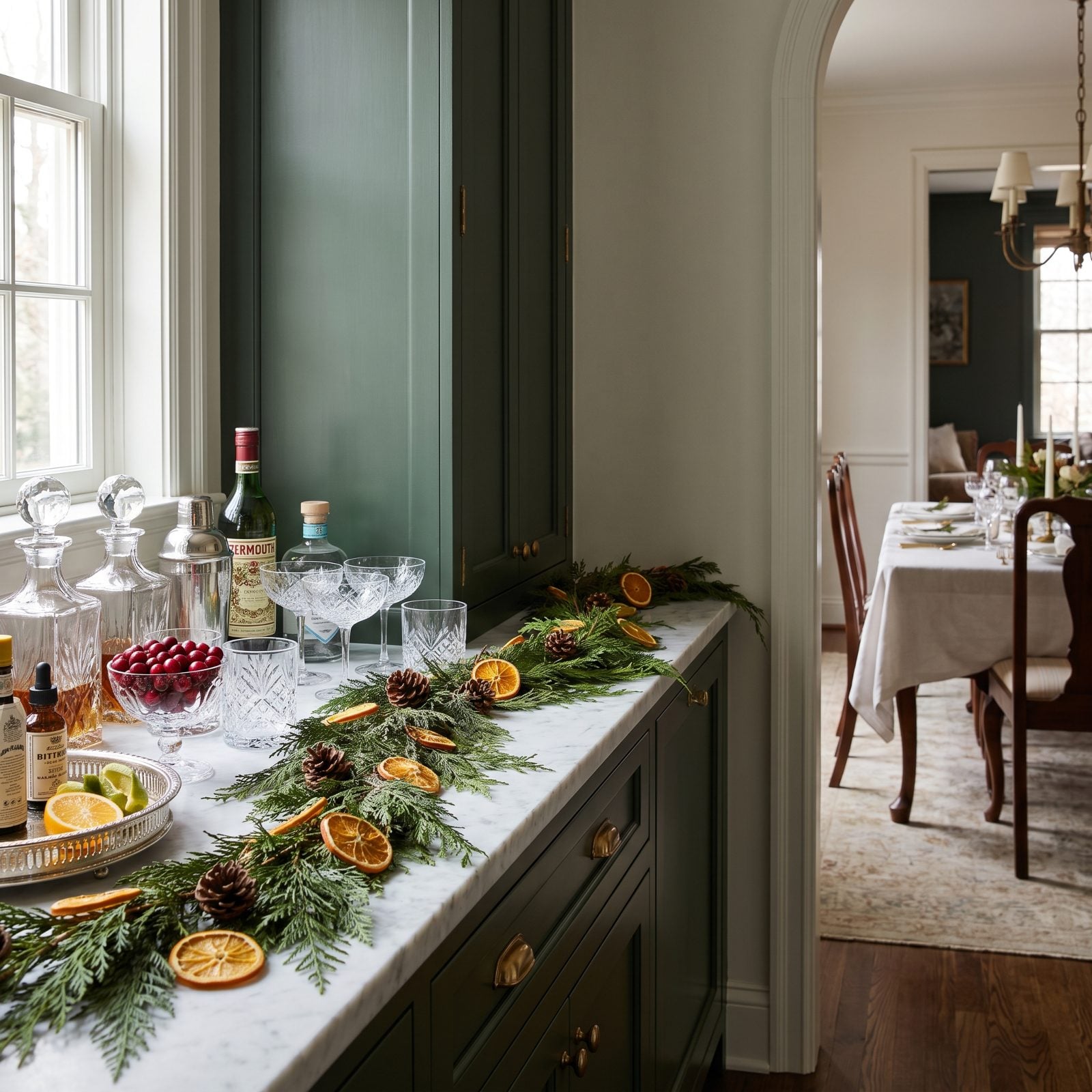 A Butler's Pantry Counter Staged for Holiday Drinks
