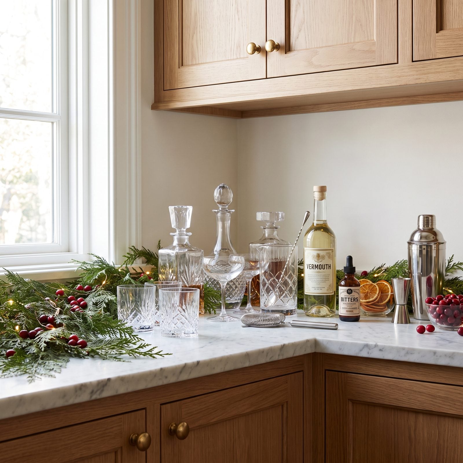 A Butler's Pantry Counter Staged for Holiday Drinks