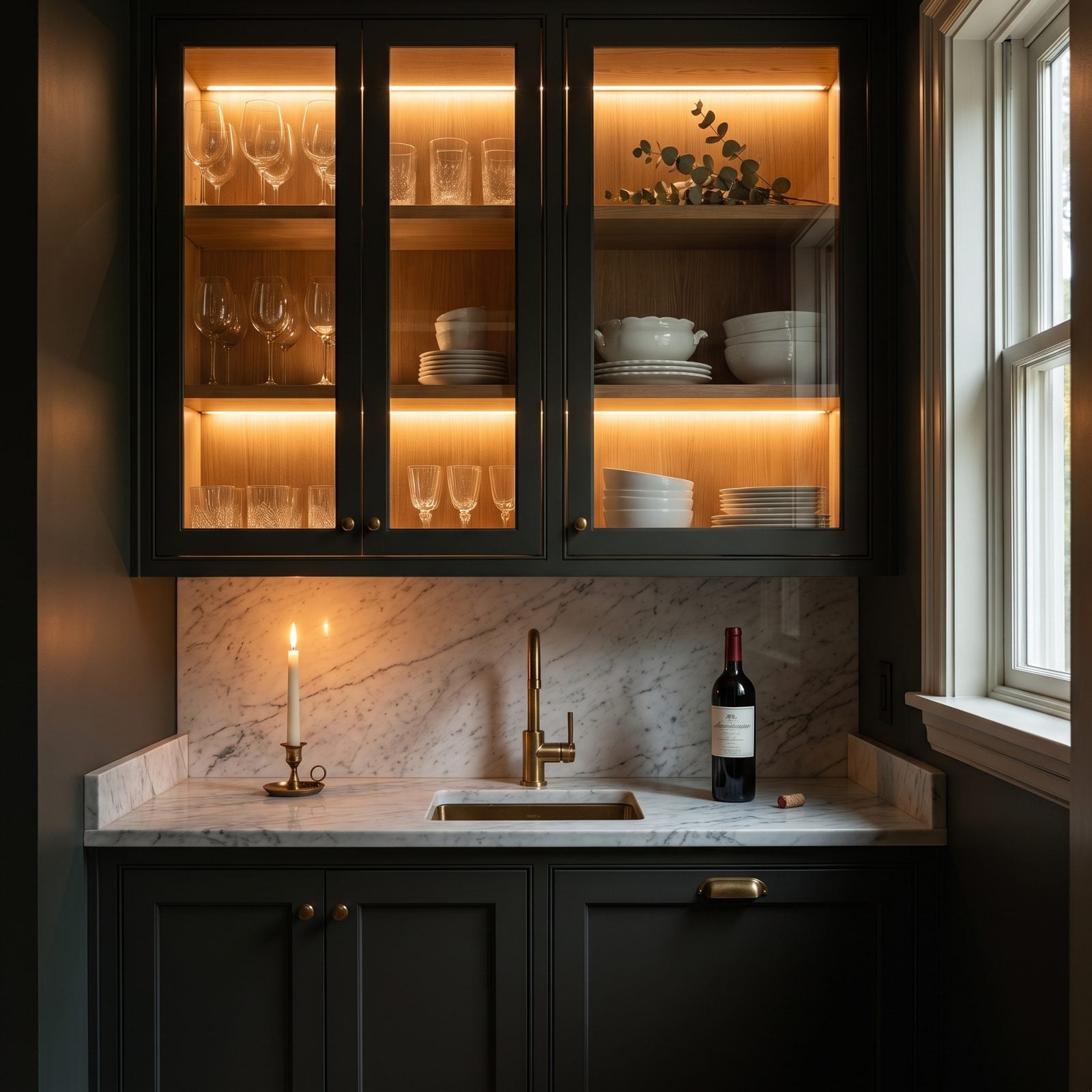 A Butler's Pantry Glowing Through Glass Cabinet Doors