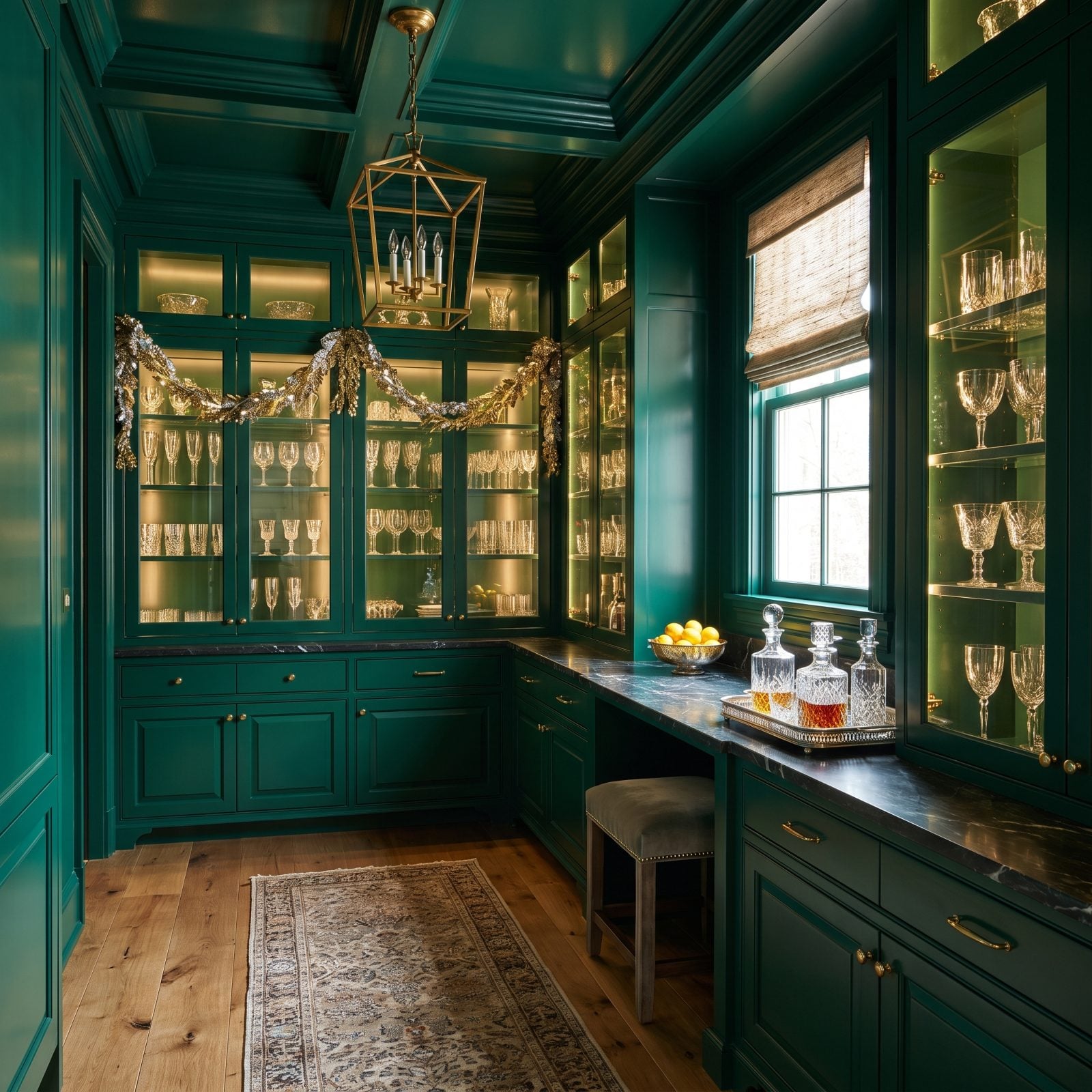 A Butler's Pantry Lit Up With Glassware and Metallic Garland