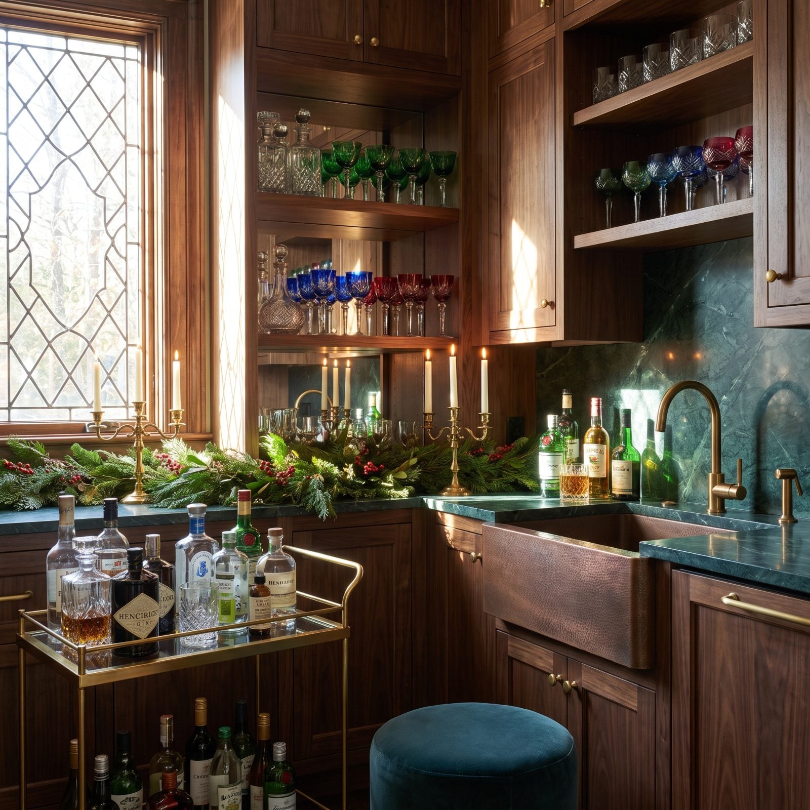 A Butler's Pantry Styled as a Jewel-Toned Holiday Bar