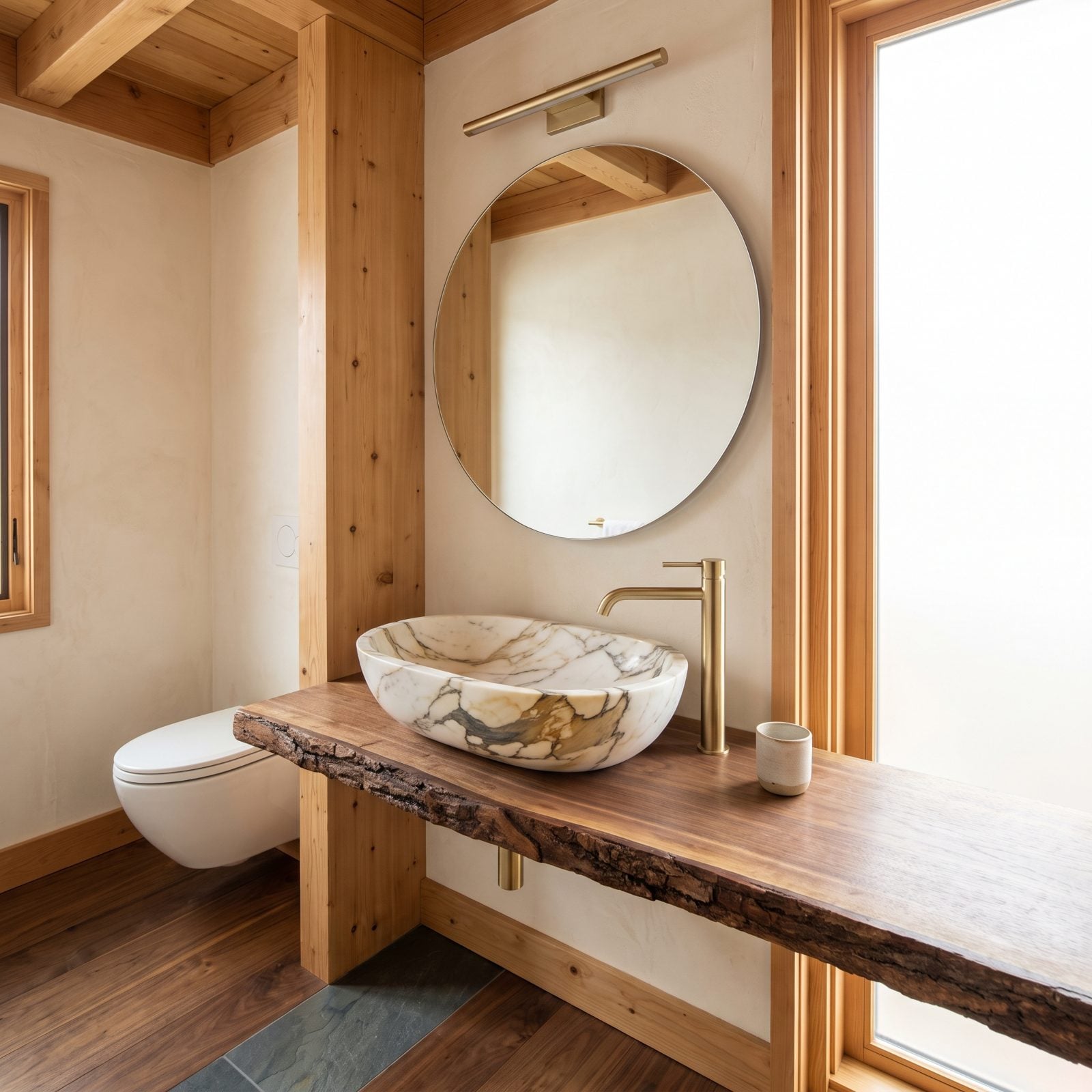 Calacatta Macchia Vecchia Over a Live-Edge Walnut Shelf
