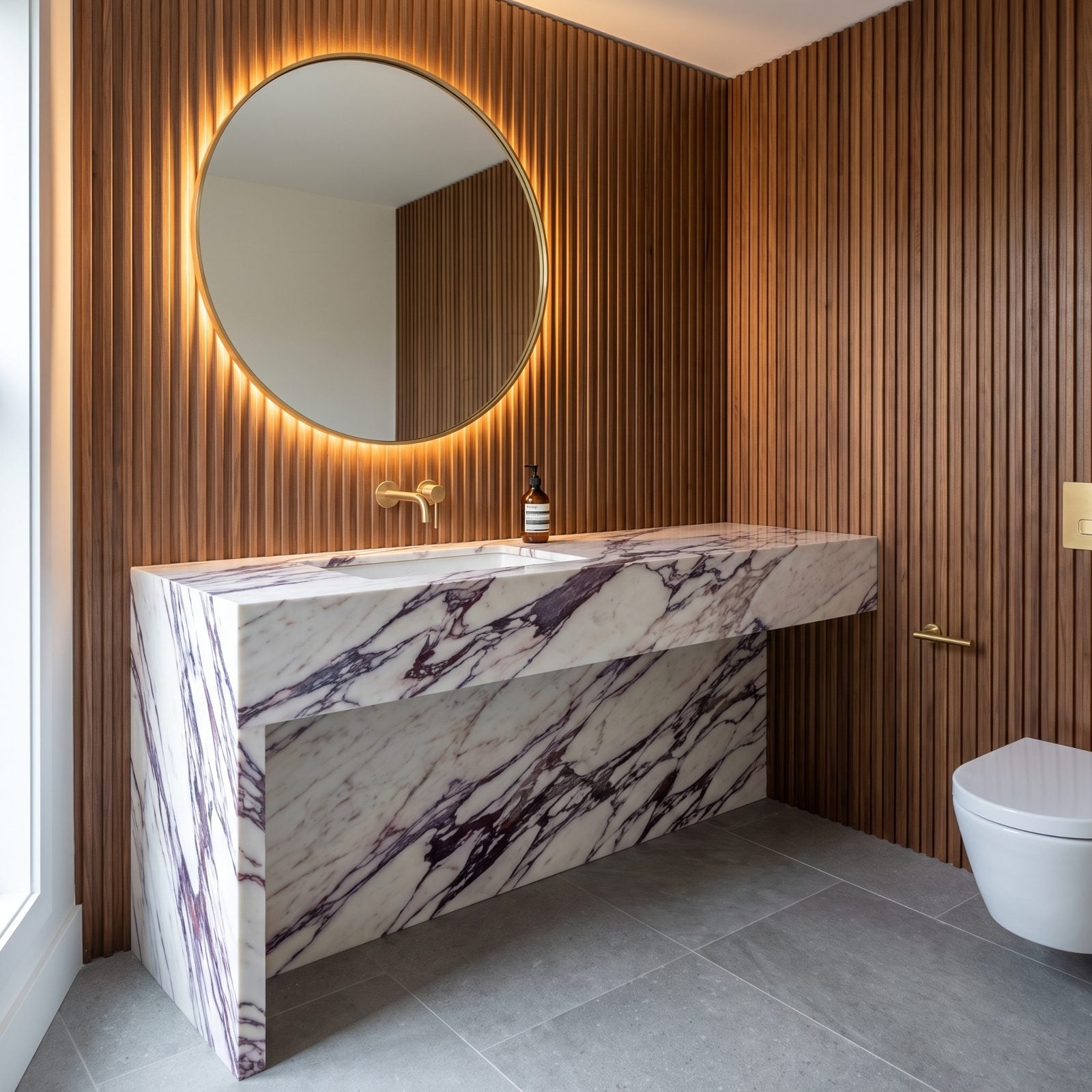 Calacatta Viola Takes a Waterfall Turn Against Ribbed Walnut