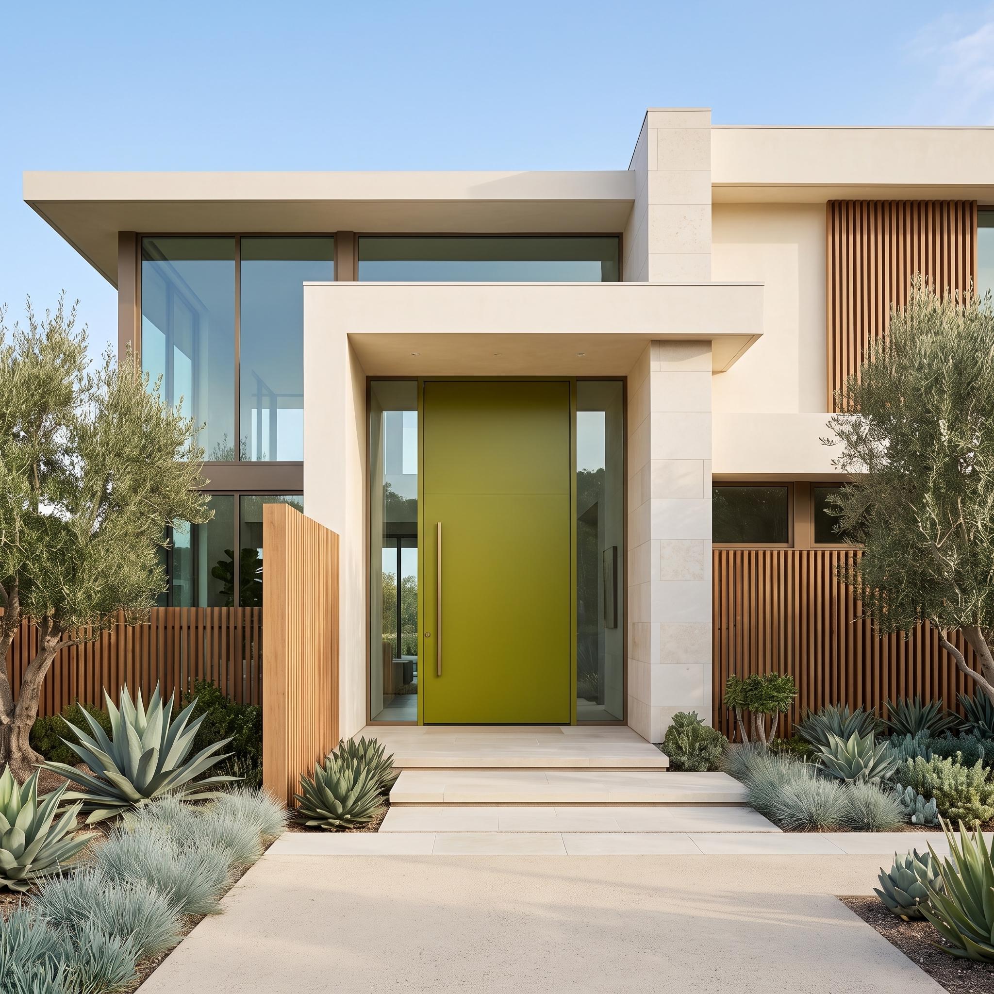Oversized chartreuse pivot door contrasts with ivory stucco and timber screens on a contemporary California home