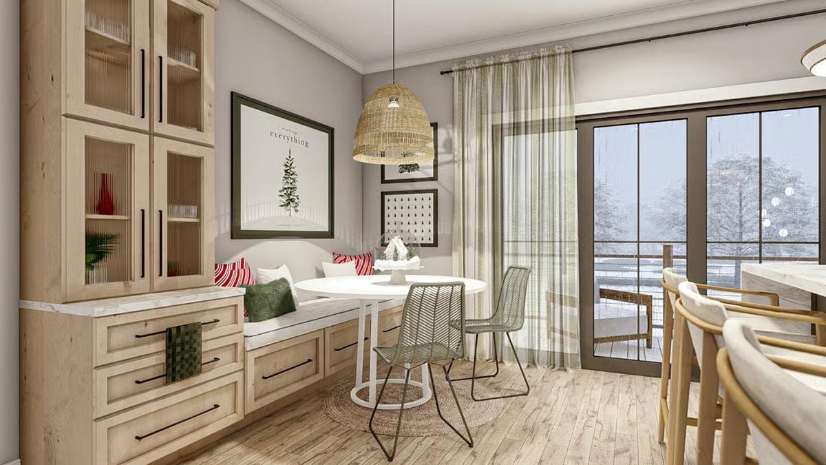 Wicker Pendant, Bench Seat, and a View That Makes Snow Look Inviting