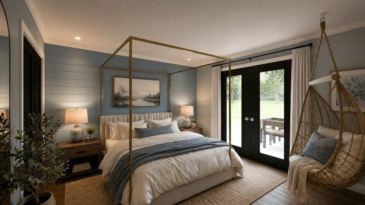 Gold Four-Poster Frame, Blue Shiplap, and a Hanging Chair That Steals the Room