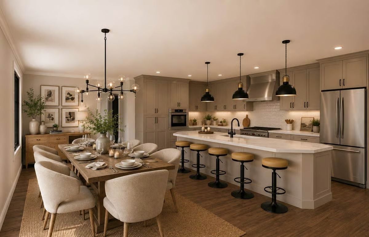 Greige Cabinets, Black Pendants, and a Kitchen Island Built for a Crowd