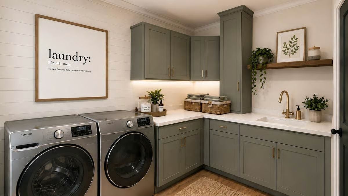 Sage Green Cabinets and Brass Hardware in a Laundry Room That Actually Wants to Be Used