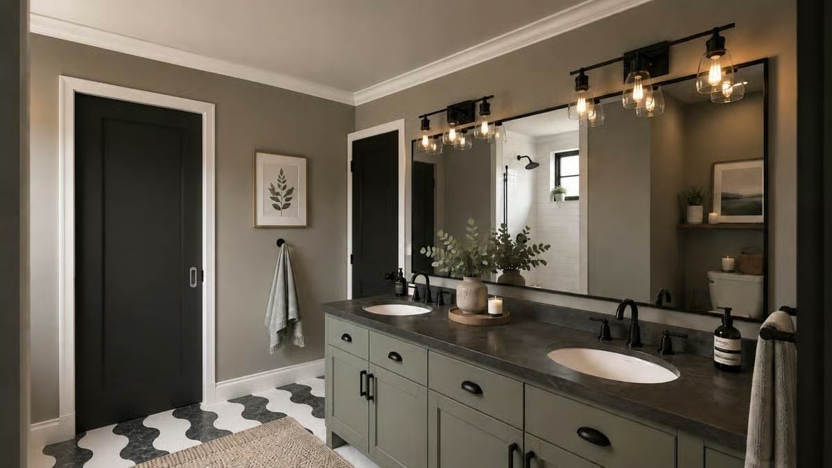 Sage Green Vanity, Industrial Sconces, and a Double Sink Setup That Holds Its Own