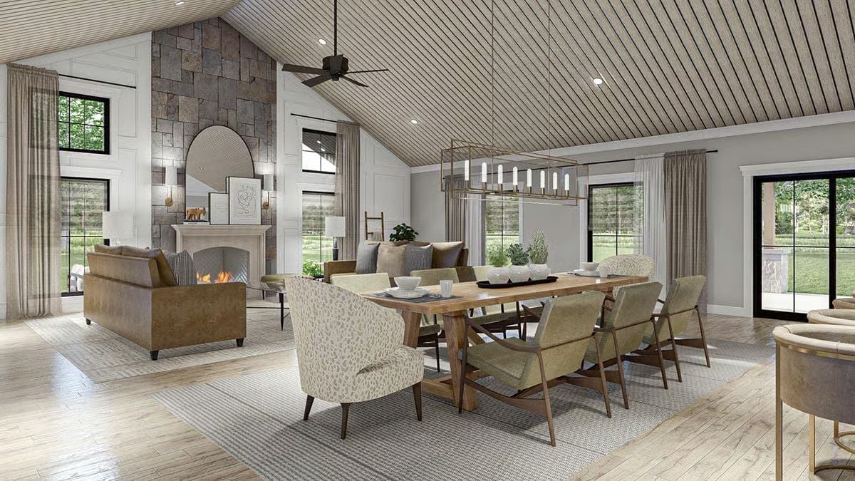 Vaulted Shiplap Ceiling and a Stone Fireplace Worth Gathering Around