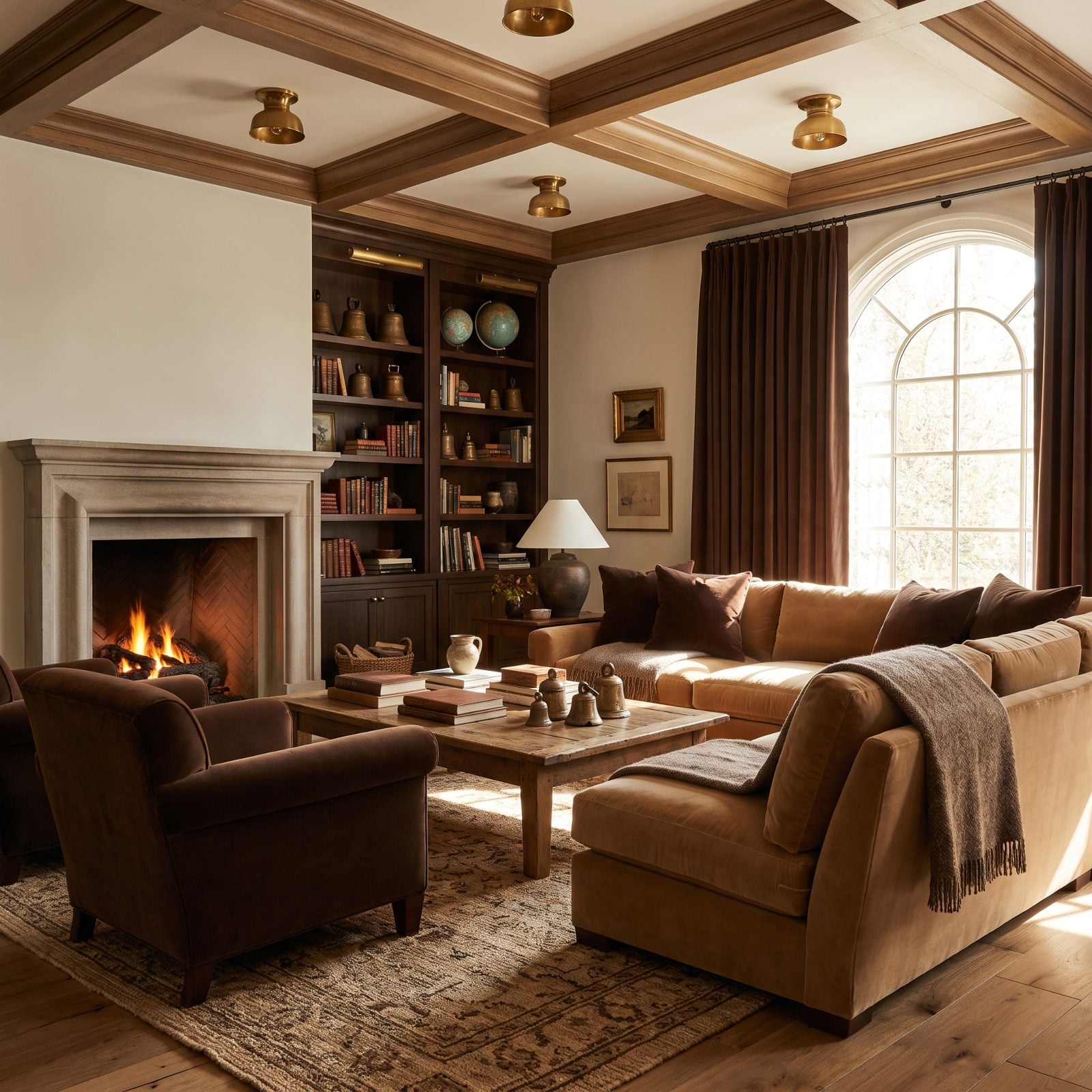 A Camel-Toned Library With Bronze Bells and Brown Velvet