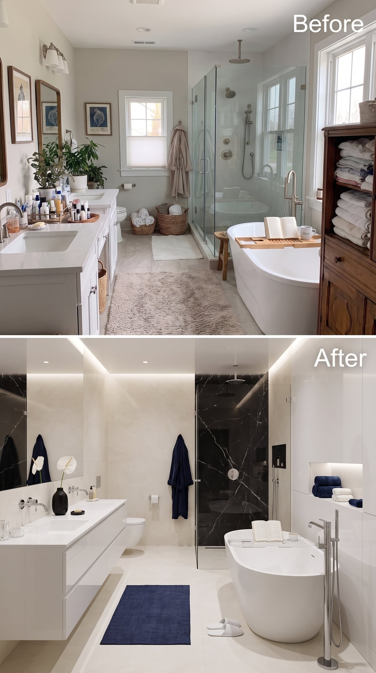 Before-and-after bathroom with black marble shower, white floating vanity, and warm ceiling lighting